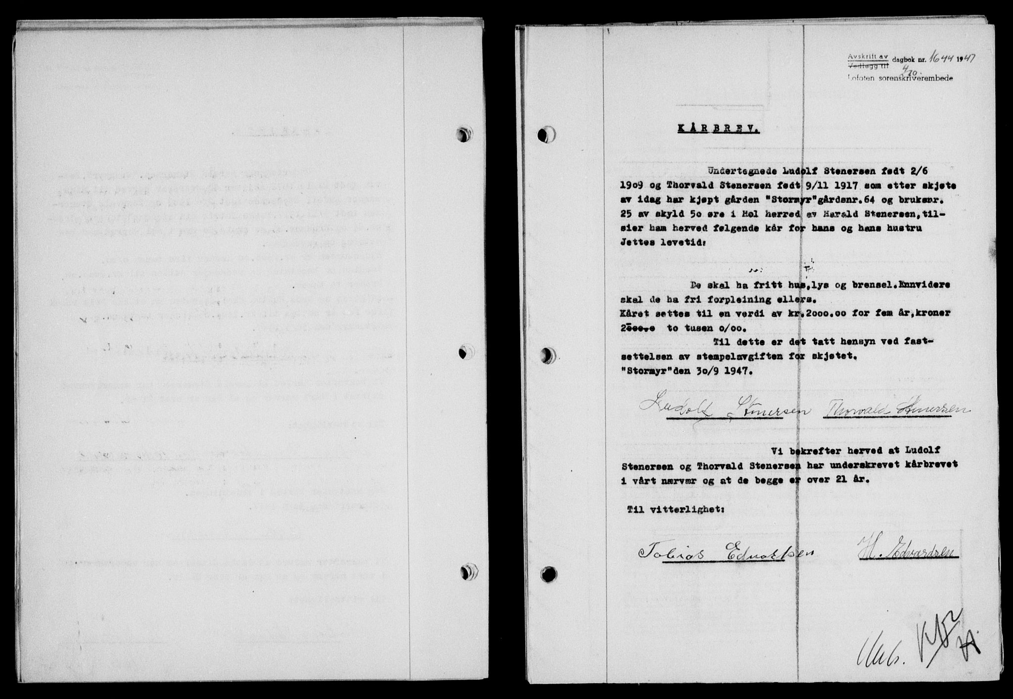 Lofoten sorenskriveri, SAT/A-0017/1/2/2C/L0017a: Mortgage book no. 17a, 1947-1948, Diary no: : 1644/1947