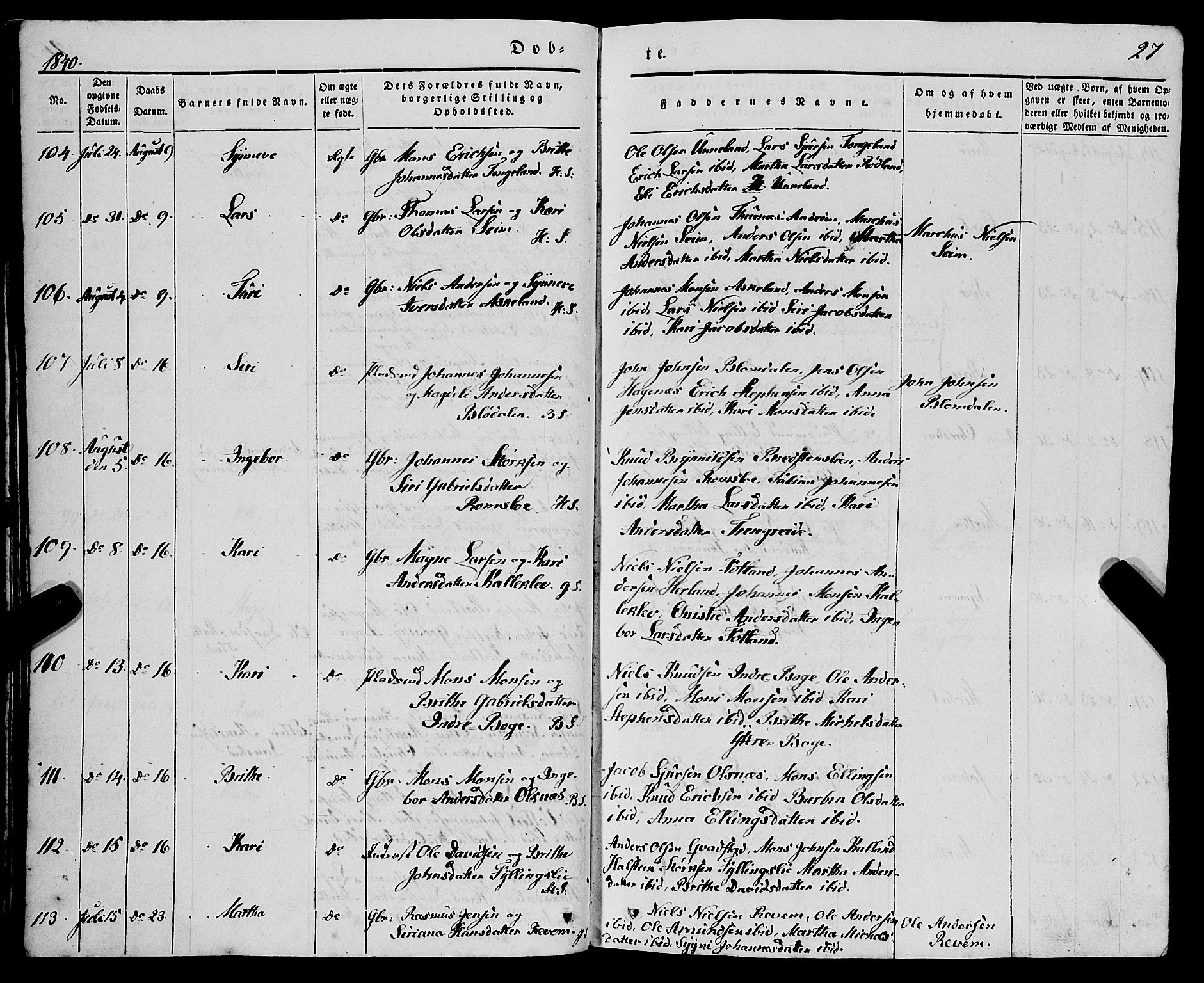 Haus sokneprestembete, AV/SAB-A-75601/H/Haa: Parish register (official) no. A 15, 1838-1847, p. 27