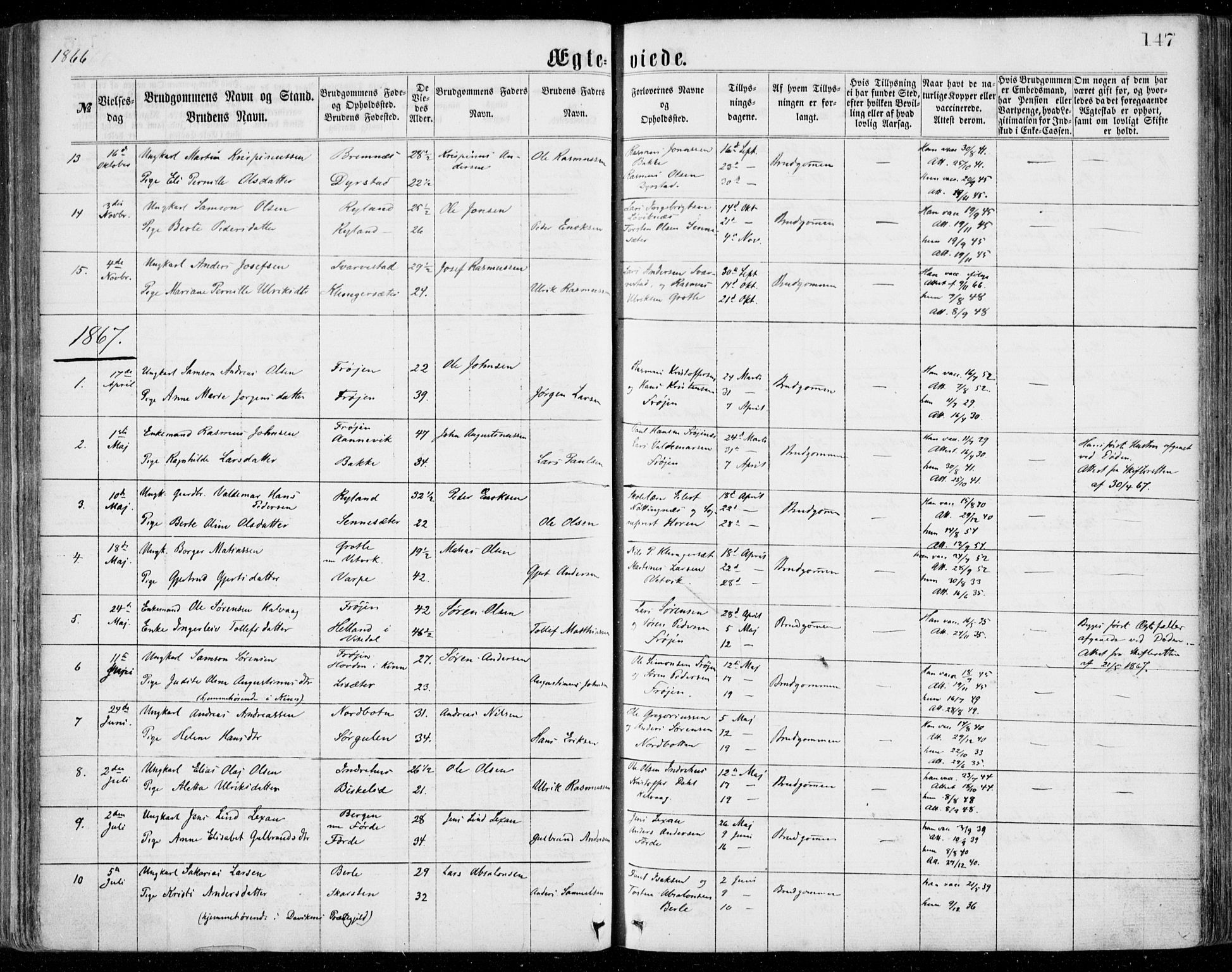 Bremanger sokneprestembete, AV/SAB-A-82201/H/Haa/Haaa/L0001: Parish register (official) no. A  1, 1864-1883, p. 147