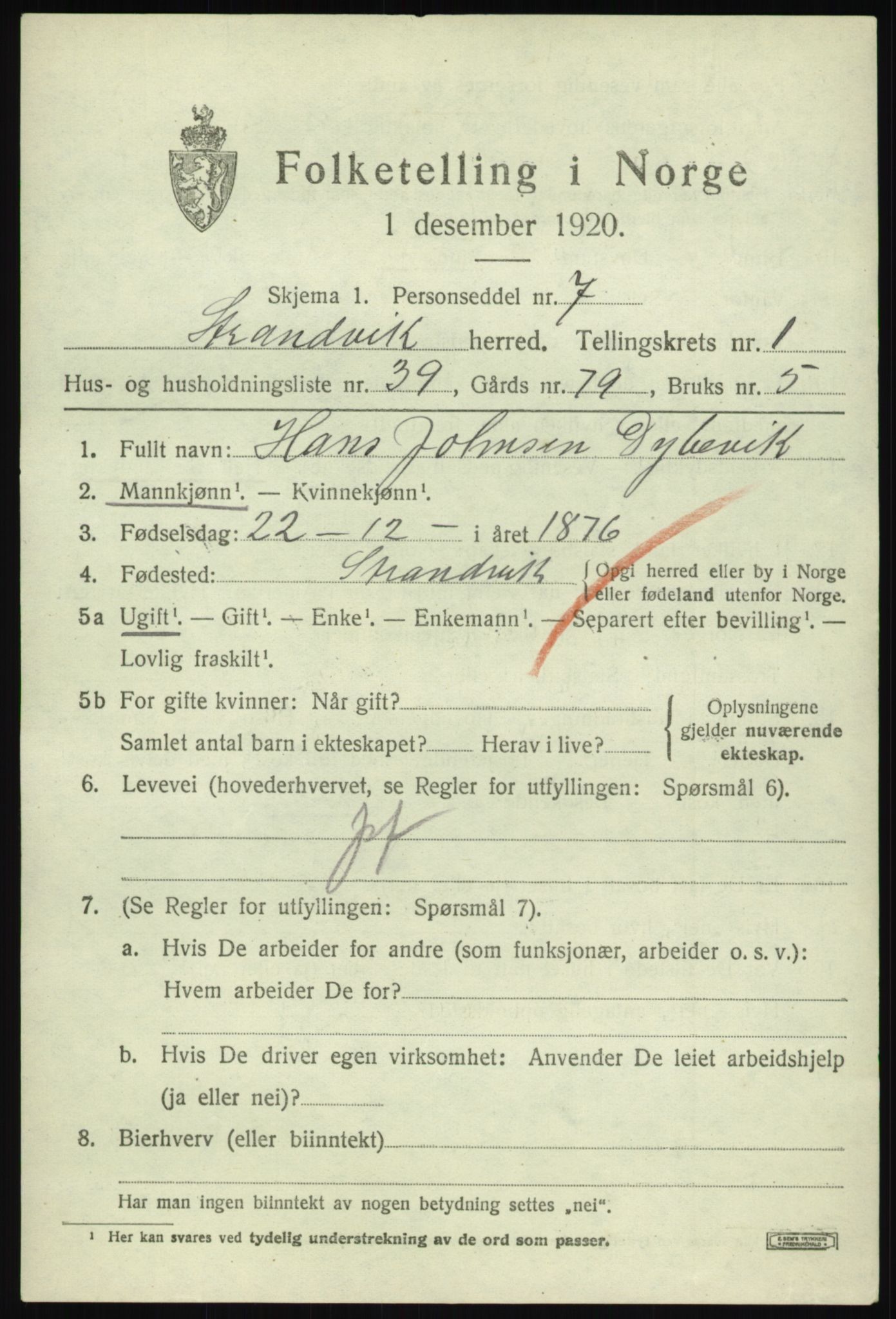 SAB, 1920 census for Strandvik, 1920, p. 1234