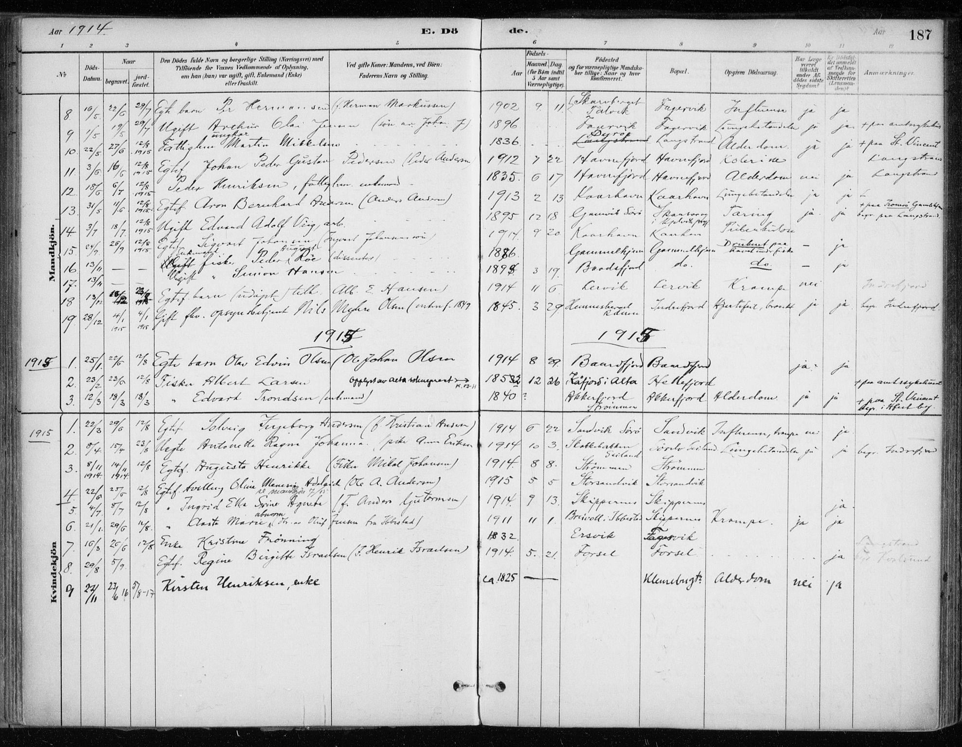 Hammerfest sokneprestkontor, SATØ/S-1347/H/Ha/L0013.kirke: Parish register (official) no. 13, 1898-1917, p. 187