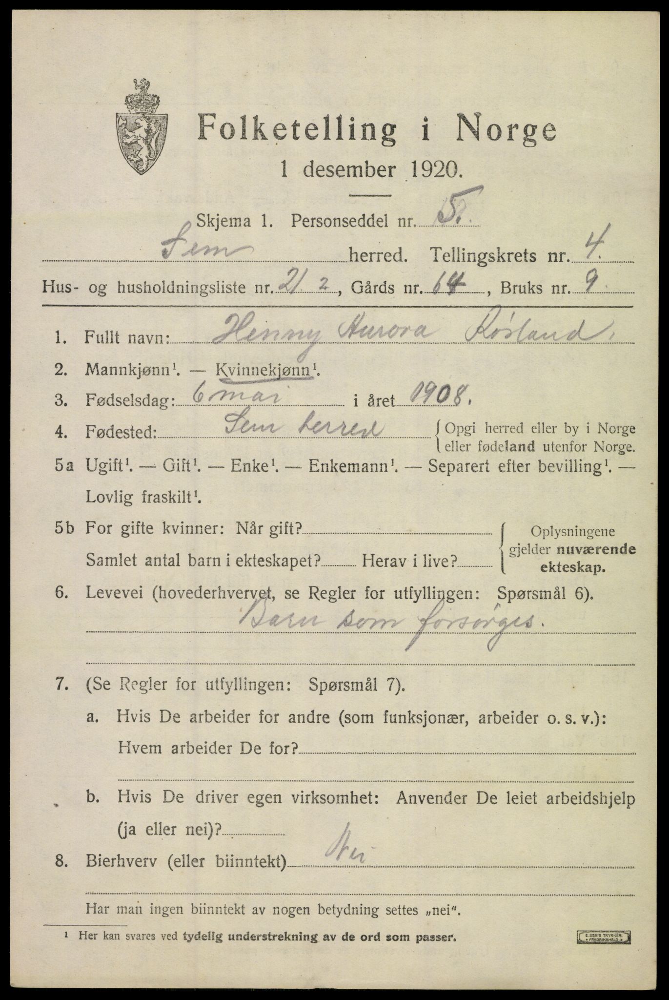 SAKO, 1920 census for Sem, 1920, p. 7313