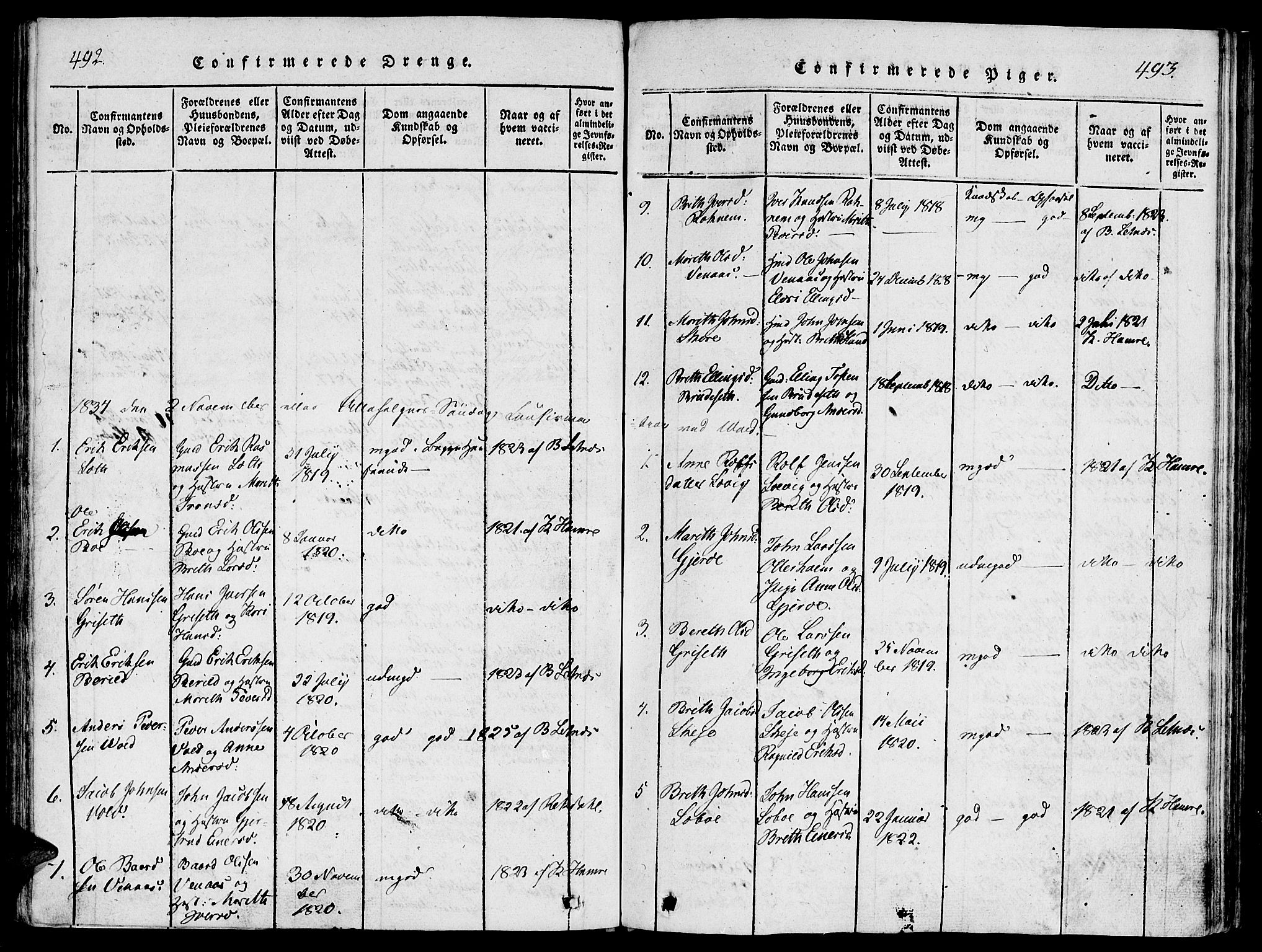 Ministerialprotokoller, klokkerbøker og fødselsregistre - Møre og Romsdal, SAT/A-1454/543/L0561: Parish register (official) no. 543A01, 1818-1853, p. 492-493