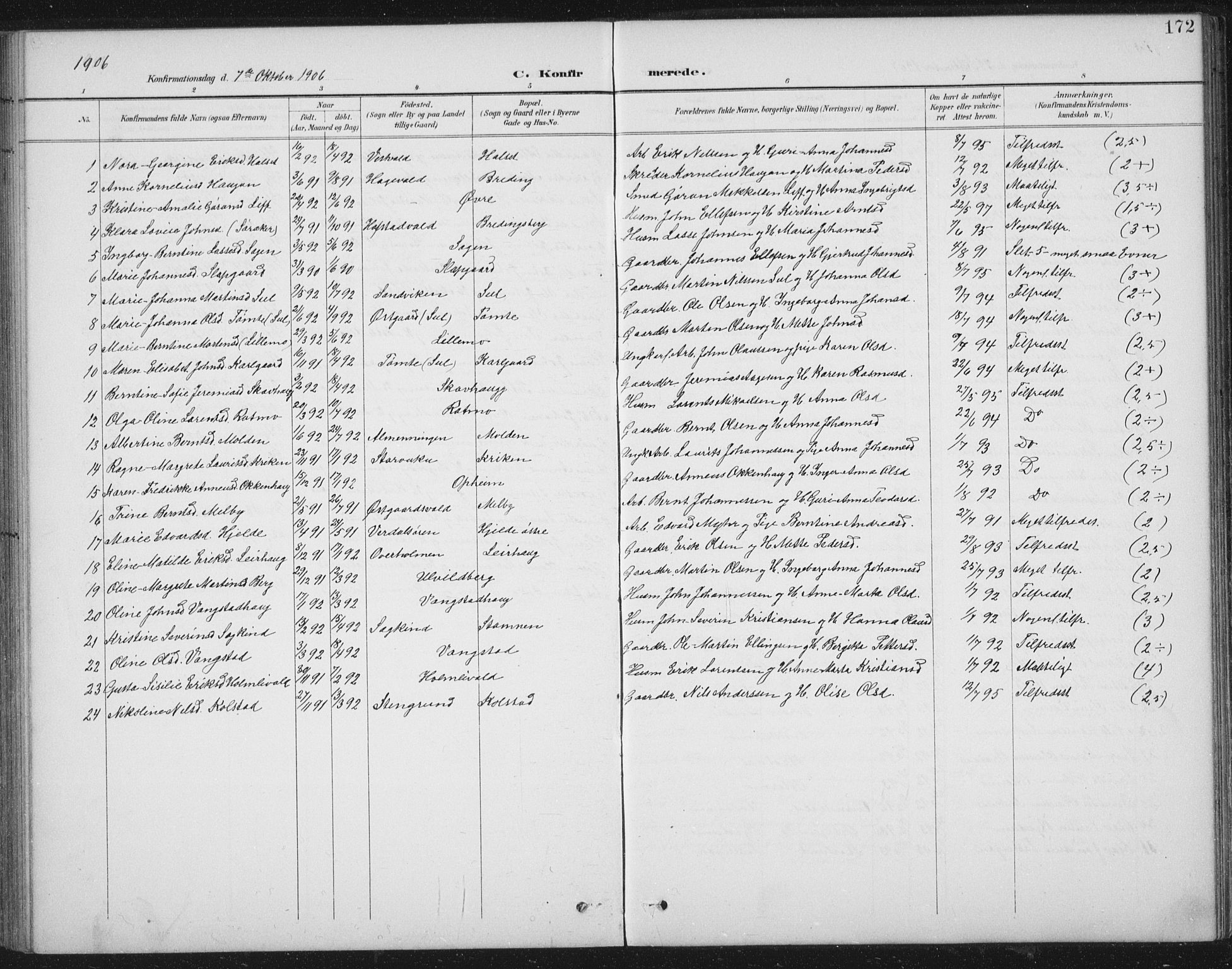 Ministerialprotokoller, klokkerbøker og fødselsregistre - Nord-Trøndelag, AV/SAT-A-1458/724/L0269: Parish register (copy) no. 724C05, 1899-1920, p. 172