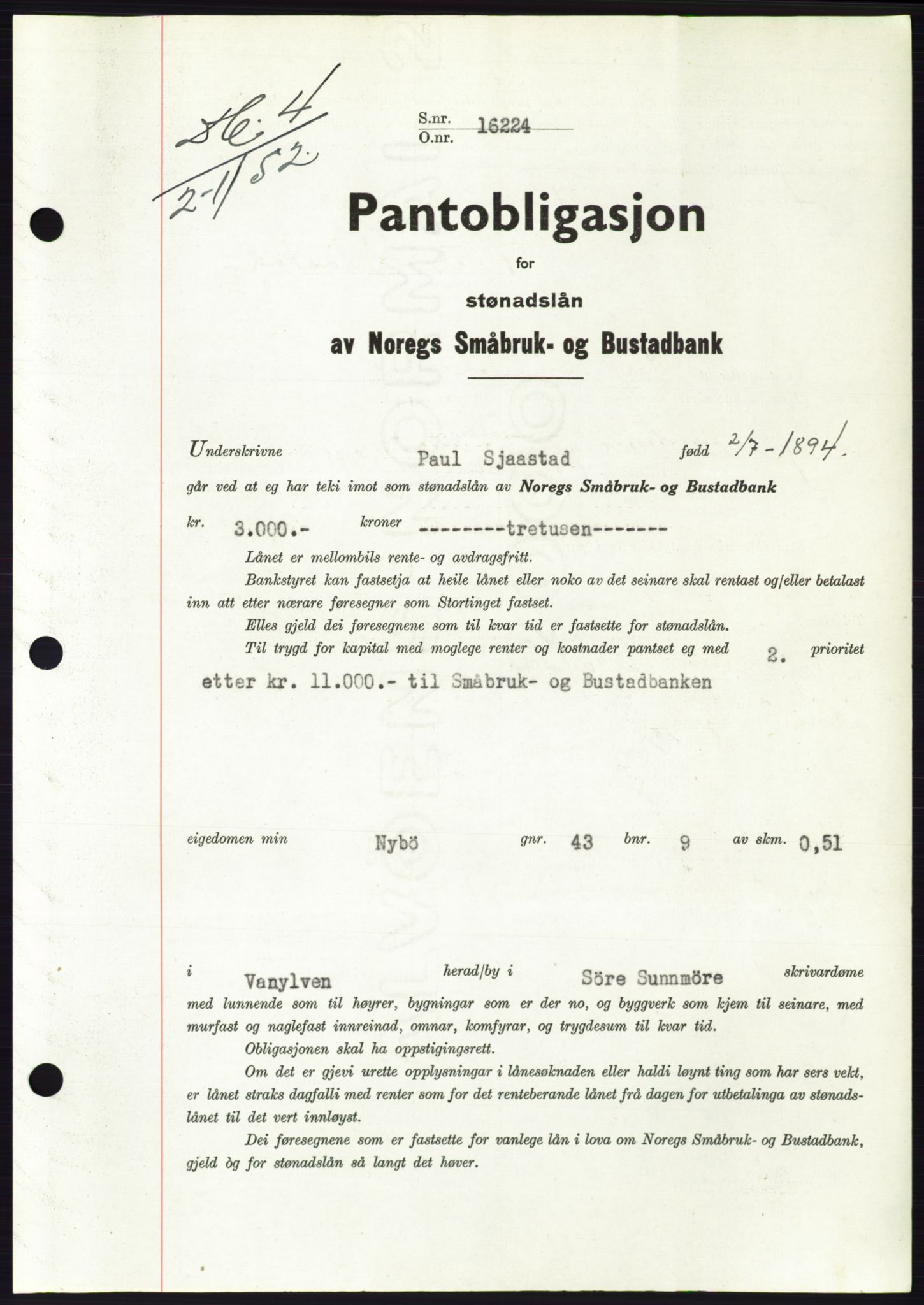 Søre Sunnmøre sorenskriveri, AV/SAT-A-4122/1/2/2C/L0121: Mortgage book no. 9B, 1951-1952, Diary no: : 4/1952