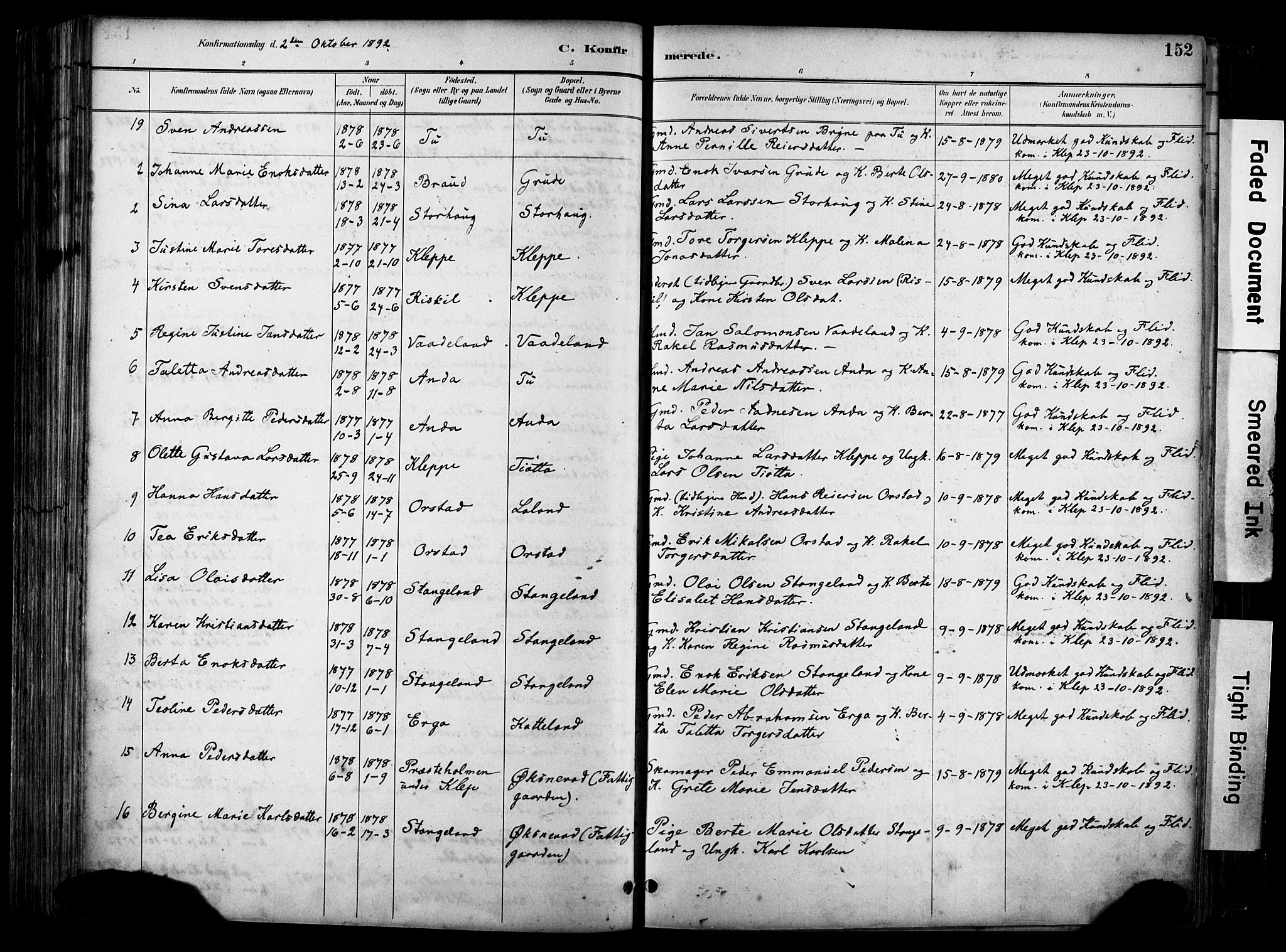 Klepp sokneprestkontor, SAST/A-101803/001/3/30BA/L0009: Parish register (official) no. A 7, 1886-1915, p. 152