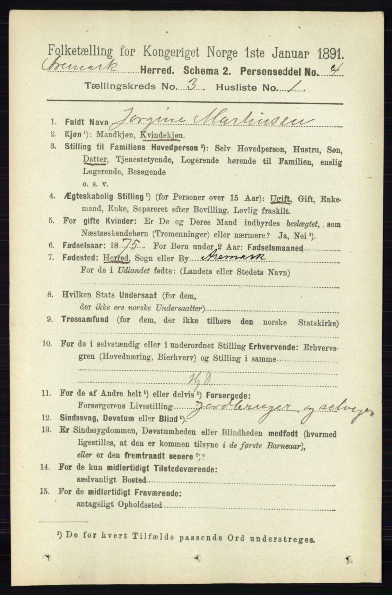 RA, 1891 census for 0118 Aremark, 1891, p. 1409