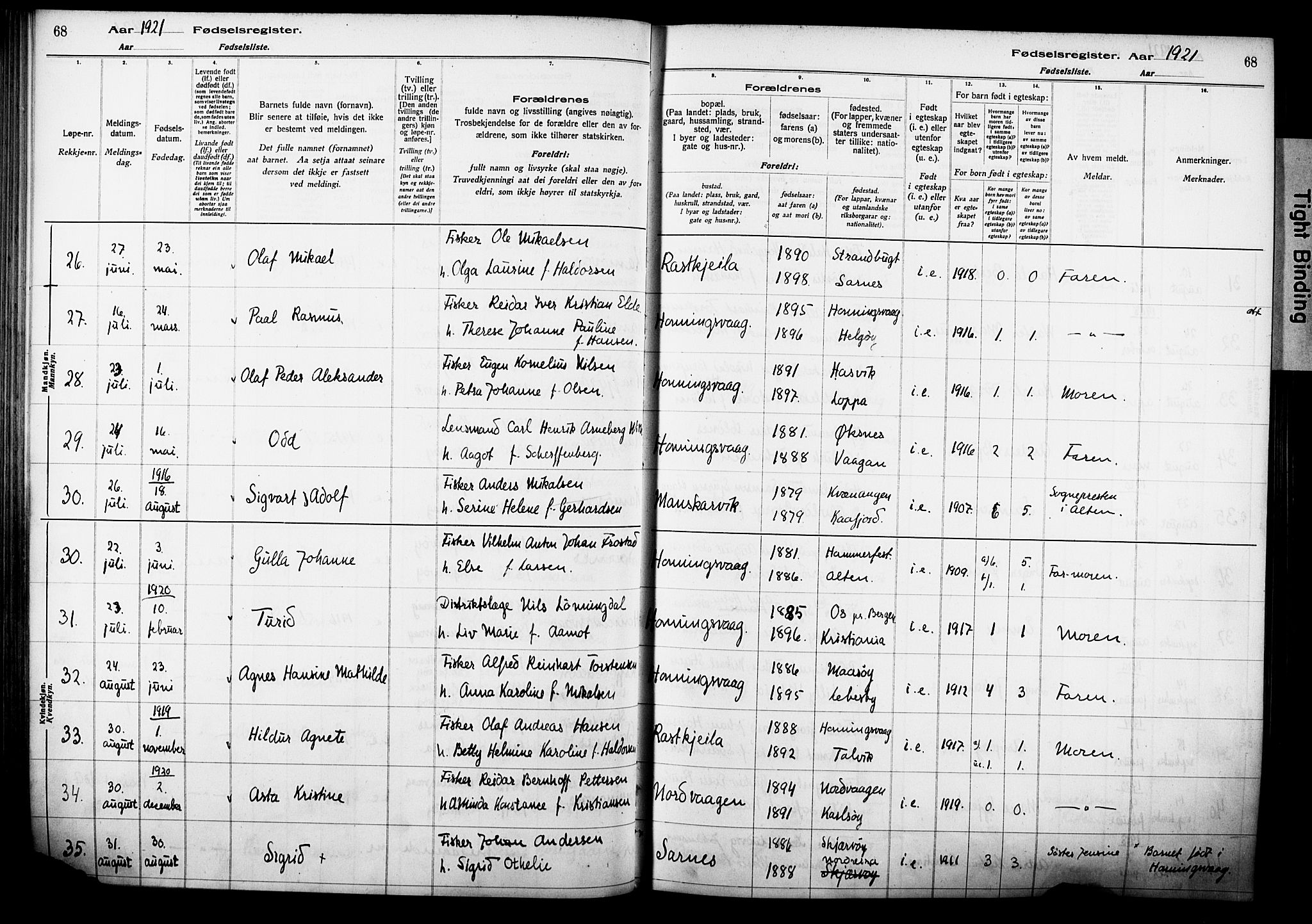 Kjelvik/Nordkapp sokneprestkontor, AV/SATØ-S-1350/I/Ia/L0015: Birth register no. 15, 1916-1930, p. 68