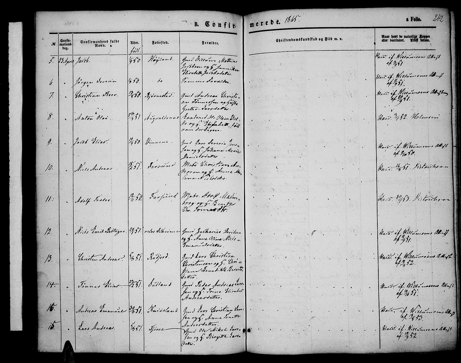 Lista sokneprestkontor, AV/SAK-1111-0027/F/Fb/L0003: Parish register (copy) no. B 3, 1862-1877, p. 242