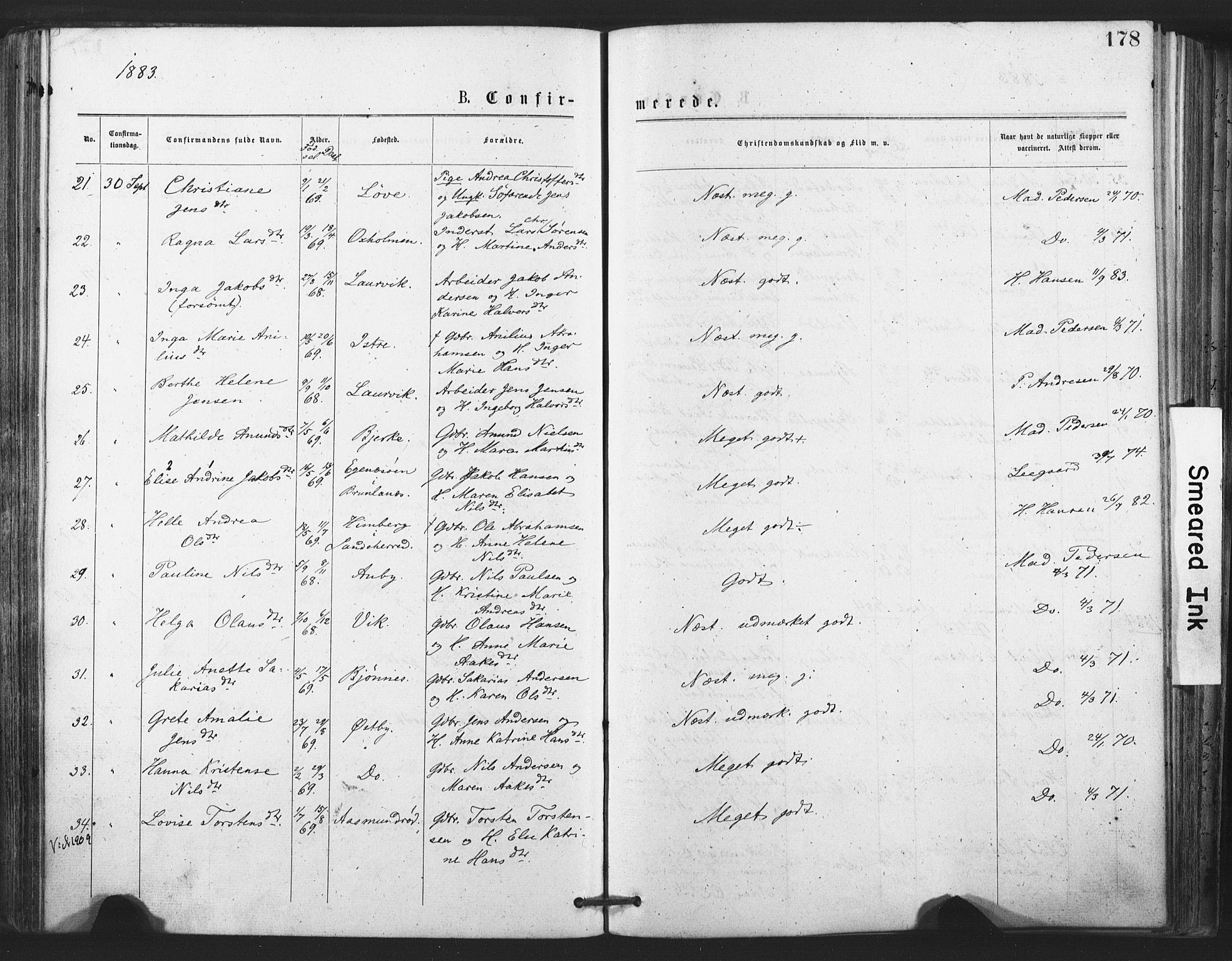 Tjølling kirkebøker, AV/SAKO-A-60/F/Fa/L0008: Parish register (official) no. 8, 1877-1886, p. 178