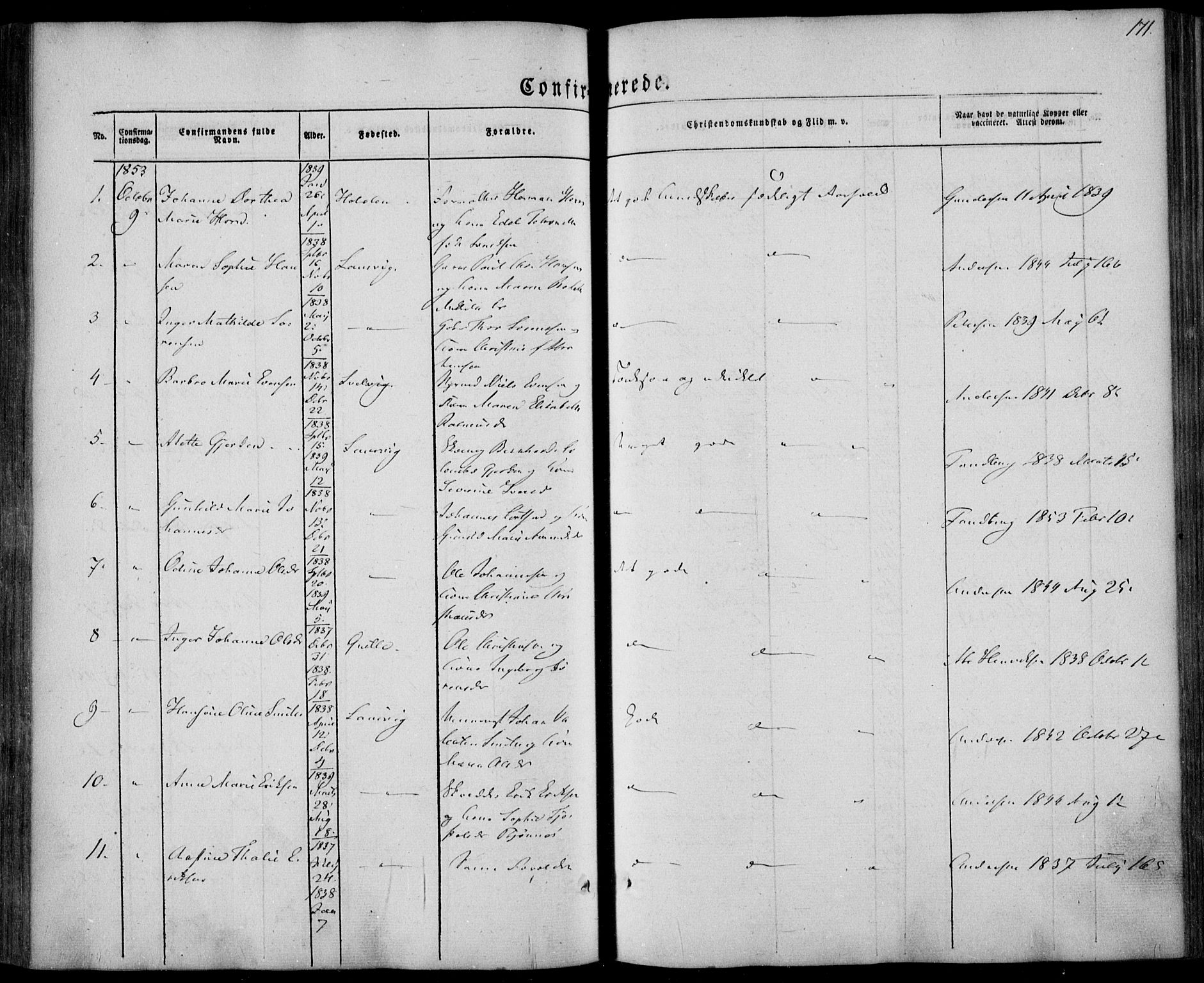 Larvik kirkebøker, AV/SAKO-A-352/F/Fa/L0003: Parish register (official) no. I 3, 1848-1856, p. 171