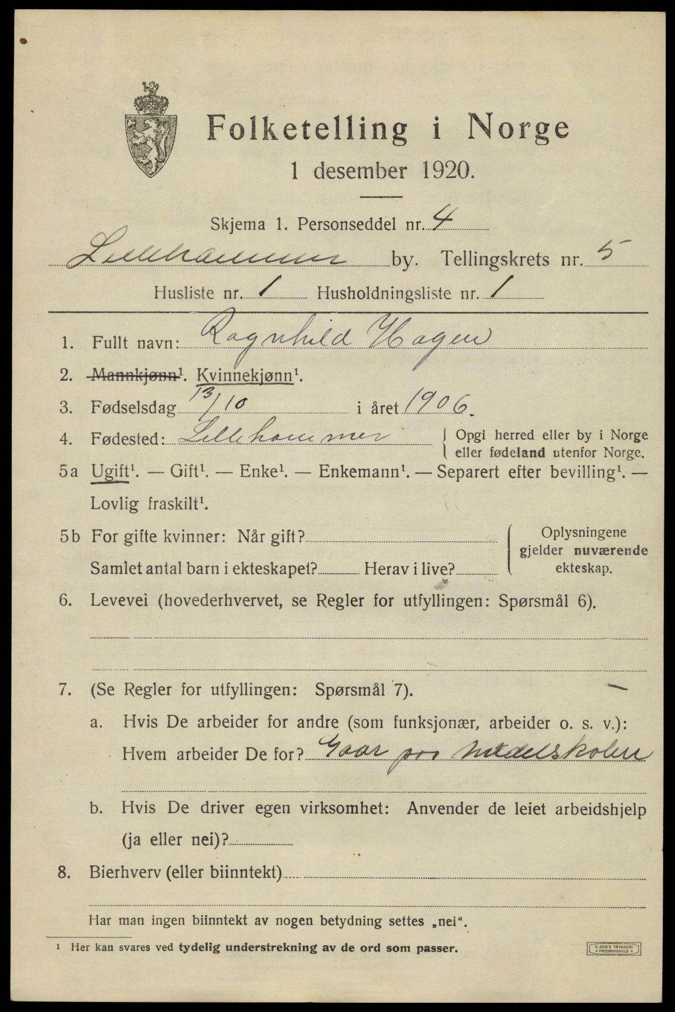 SAH, 1920 census for Lillehammer, 1920, p. 7652