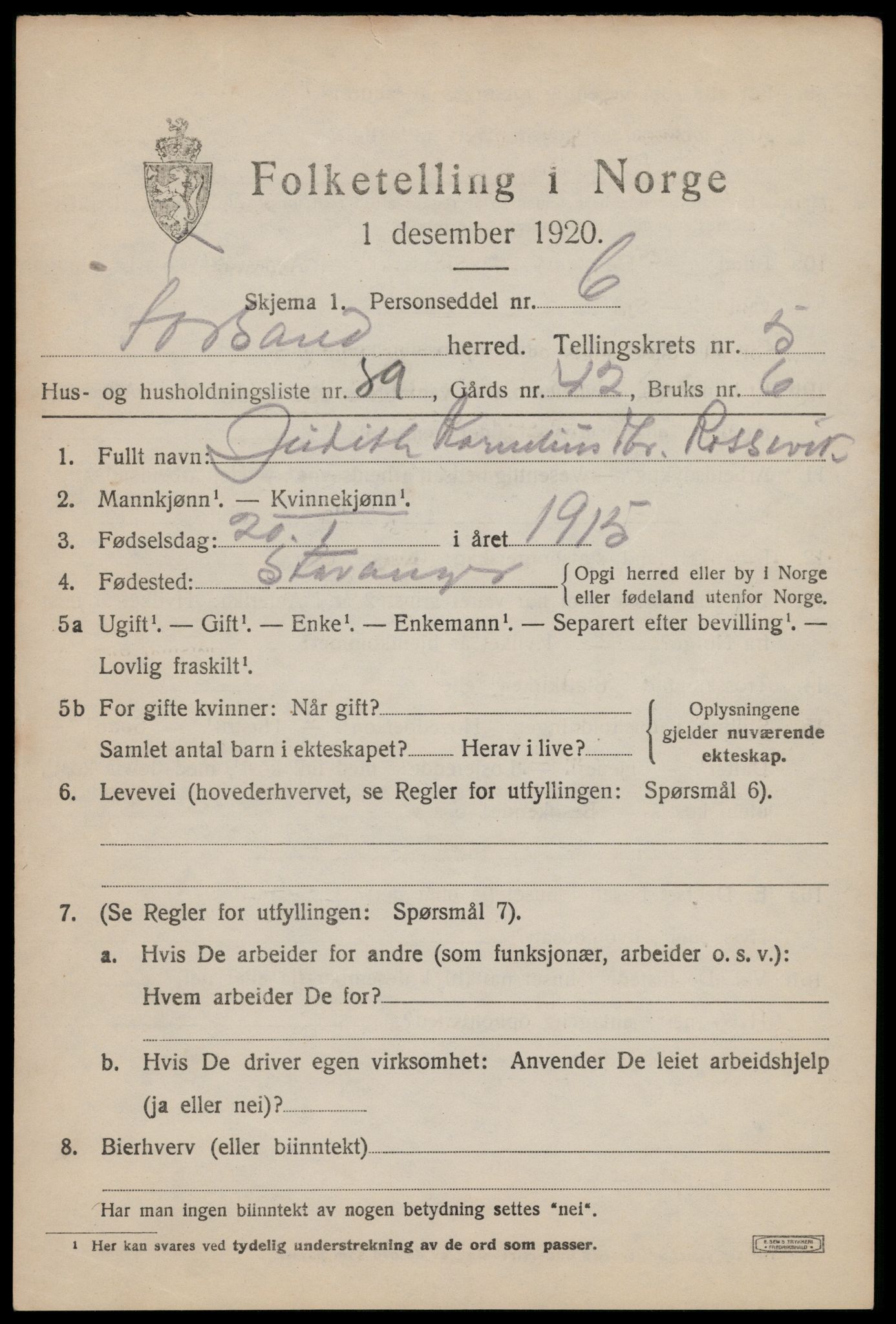 SAST, 1920 census for Forsand, 1920, p. 2763