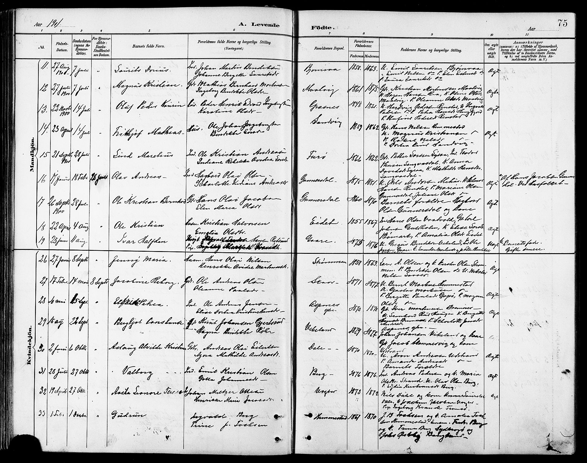 Kvæfjord sokneprestkontor, AV/SATØ-S-1323/G/Ga/Gab/L0005klokker: Parish register (copy) no. 5, 1886-1911, p. 75