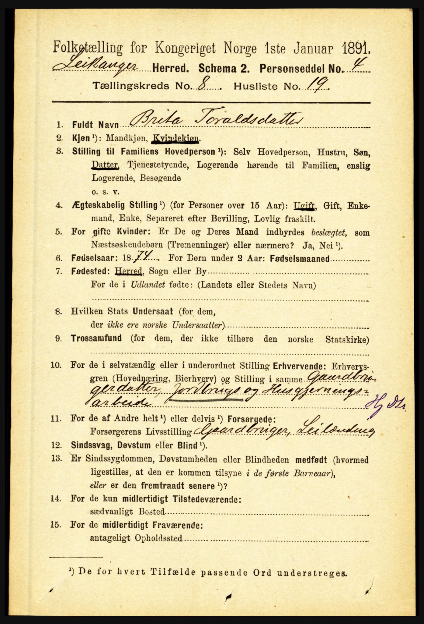 RA, 1891 census for 1419 Leikanger, 1891, p. 1736