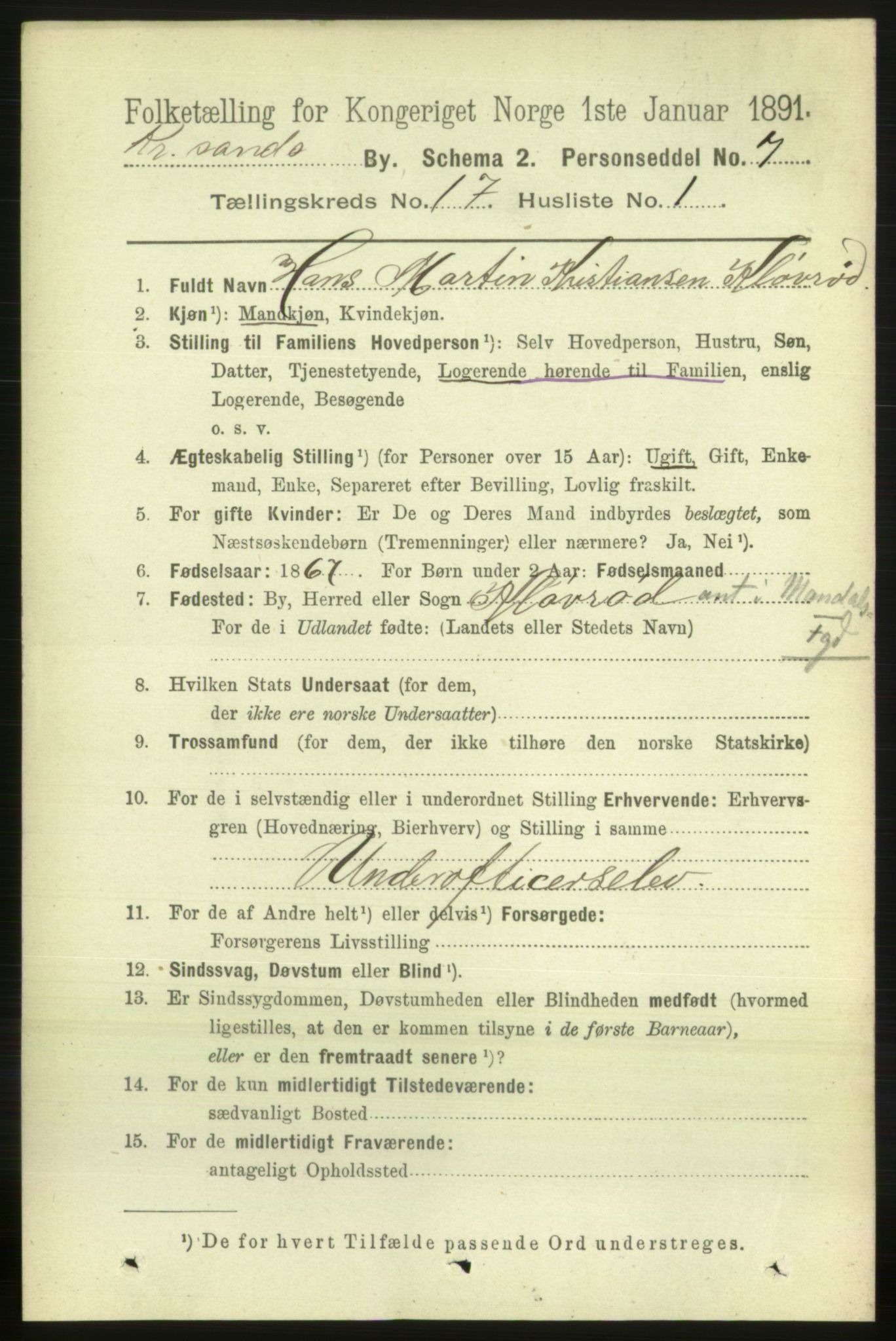 RA, 1891 census for 1001 Kristiansand, 1891, p. 6684