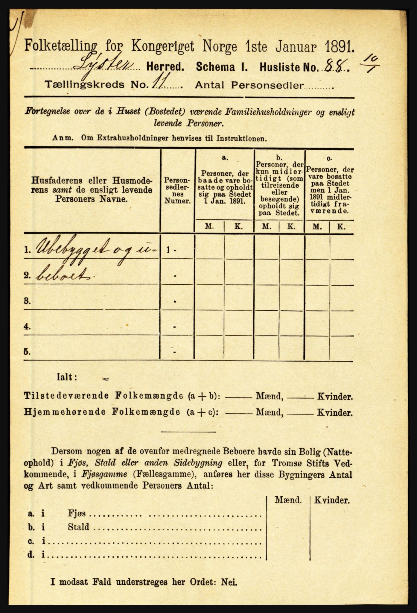 RA, 1891 census for 1426 Luster, 1891, p. 3278