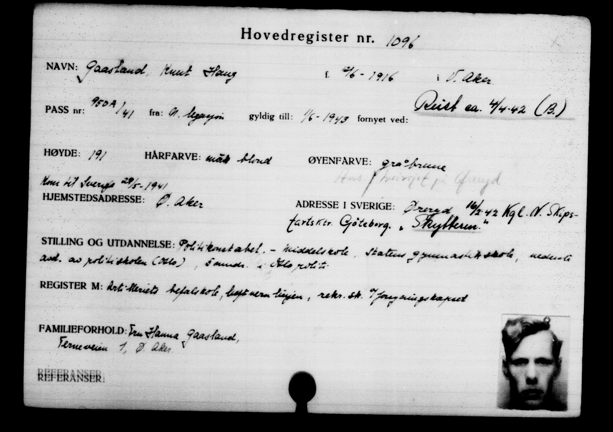 Utenriksstasjonene, Legasjonen i Stockholm, Flyktningkontoret, AV/RA-S-6753/V/Va/L0002: Kjesäterkartoteket, flyktninger med registreringsnr. 1001-2000, 1940-1945, p. 160