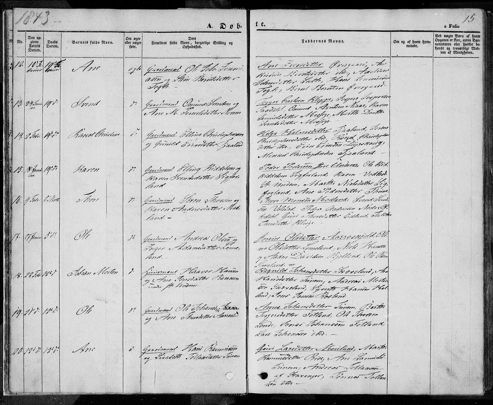 Lye sokneprestkontor, AV/SAST-A-101794/001/30BA/L0005: Parish register (official) no. A 5.1, 1842-1855, p. 15