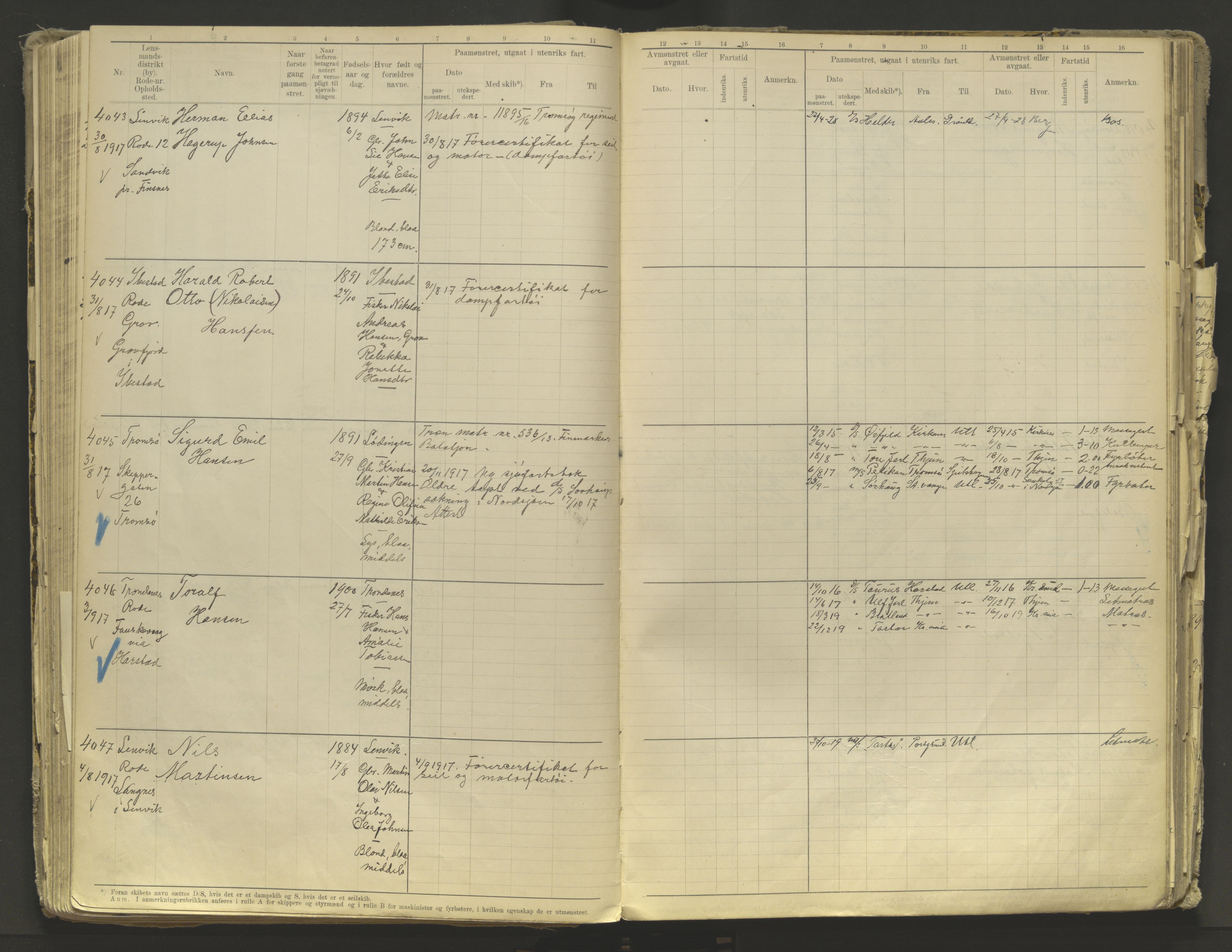 Tromsø sjømannskontor/innrullerings-/mønstringsdistrikt, AV/SATØ-S-0243/F/Fb/L0010: Annotasjonsrulle. Defekt: løs innbinding. Nr. 3519-4972, 1916-1920