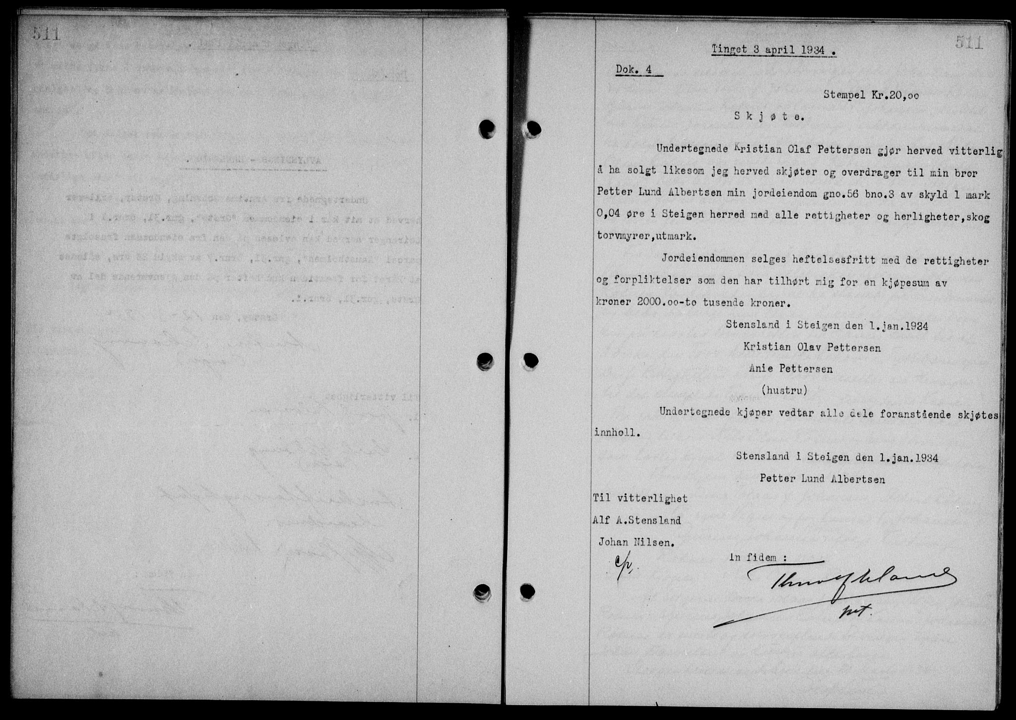 Steigen og Ofoten sorenskriveri, SAT/A-0030/1/2/2C/L0023/0002: Mortgage book no. 26-II og 27, 1933-1934, Deed date: 03.04.1934