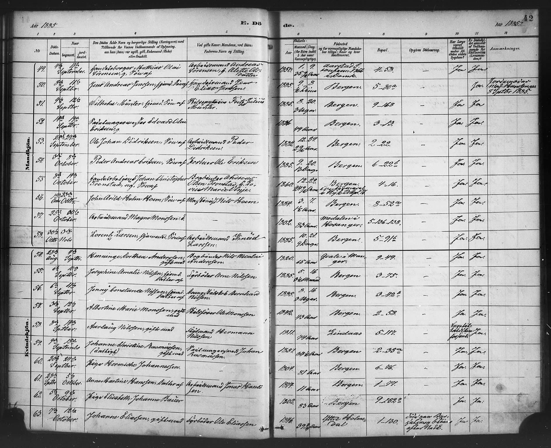 Nykirken Sokneprestembete, AV/SAB-A-77101/H/Haa/L0044: Parish register (official) no. E 4, 1882-1898, p. 42