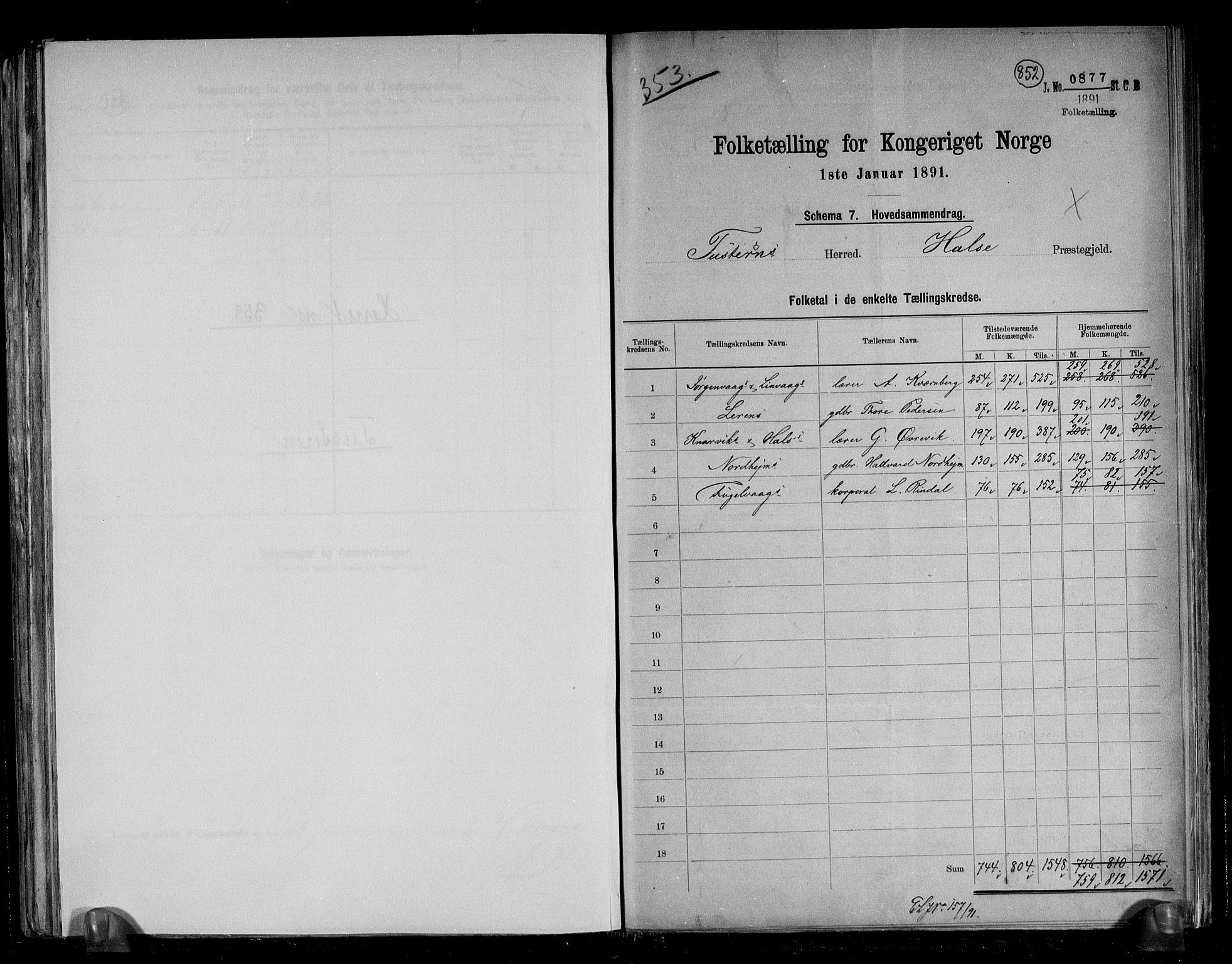 RA, 1891 census for 1572 Tustna, 1891, p. 2