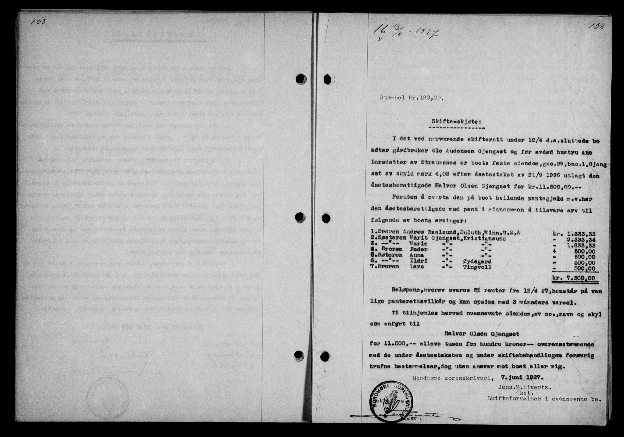 Nordmøre sorenskriveri, AV/SAT-A-4132/1/2/2Ca/L0062: Mortgage book no. 52, 1927-1927, Deed date: 13.06.1927