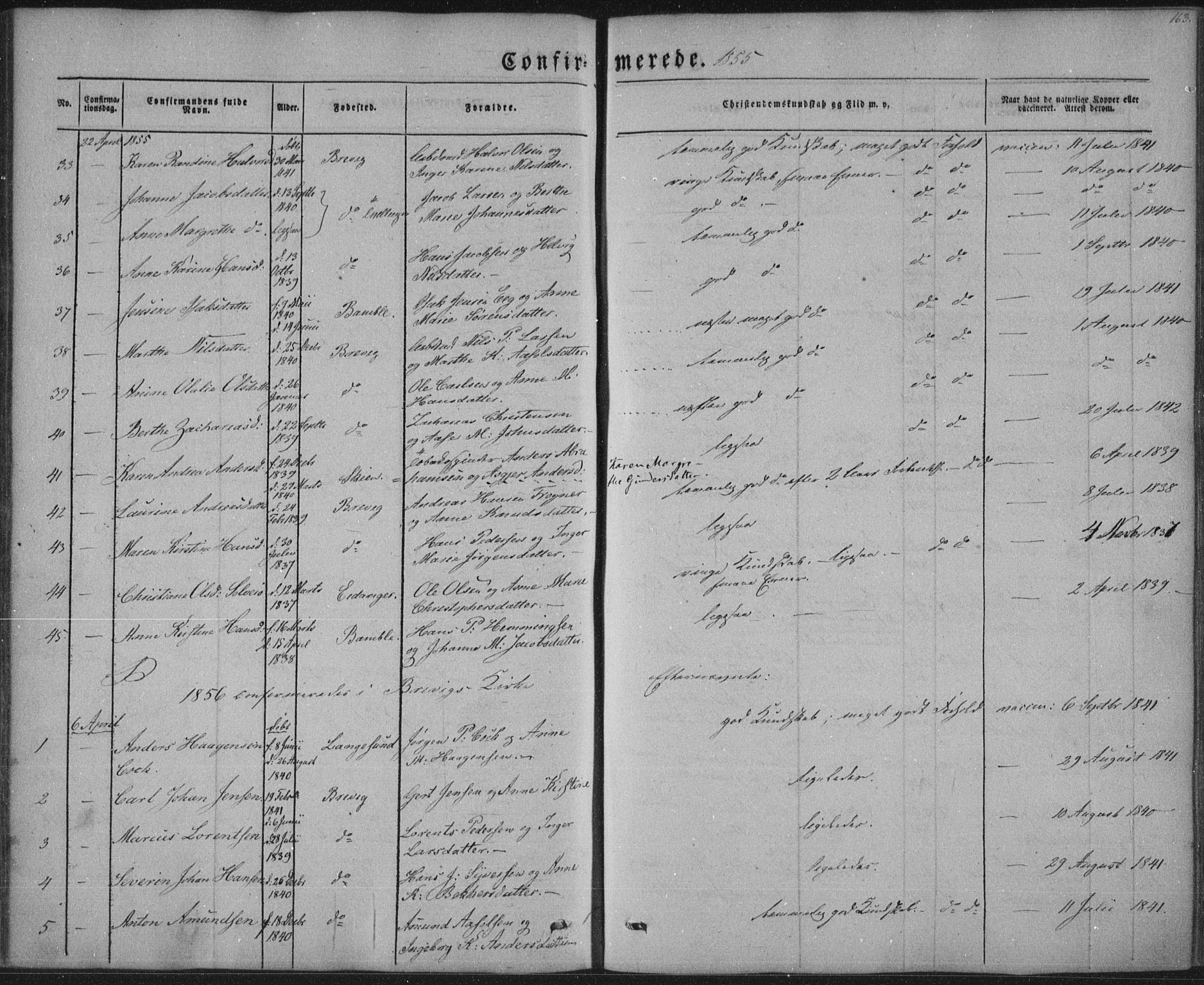 Brevik kirkebøker, AV/SAKO-A-255/F/Fa/L0005: Parish register (official) no. 5, 1847-1865, p. 163