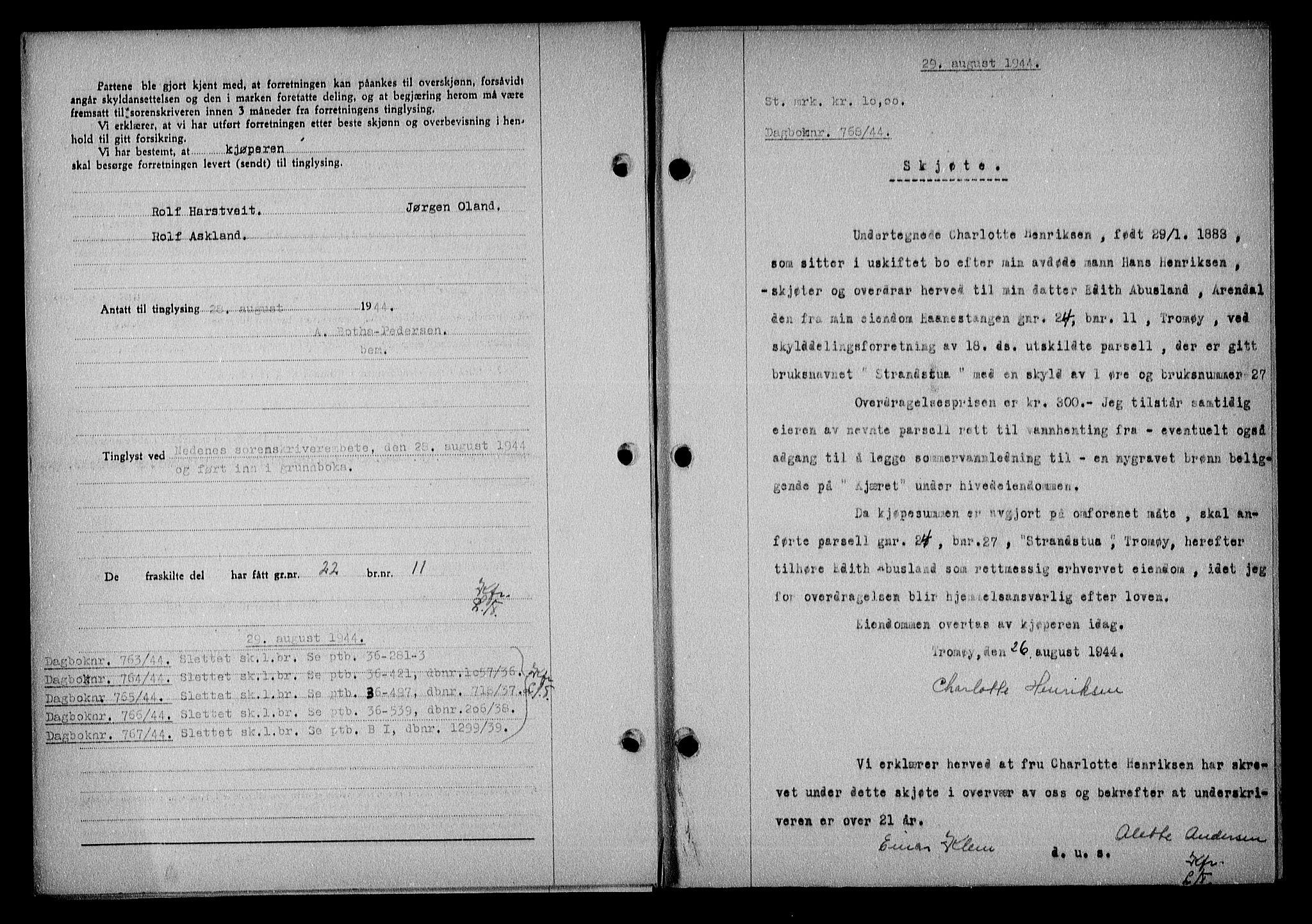 Nedenes sorenskriveri, SAK/1221-0006/G/Gb/Gba/L0051: Mortgage book no. A-V, 1943-1944, Diary no: : 768/1944