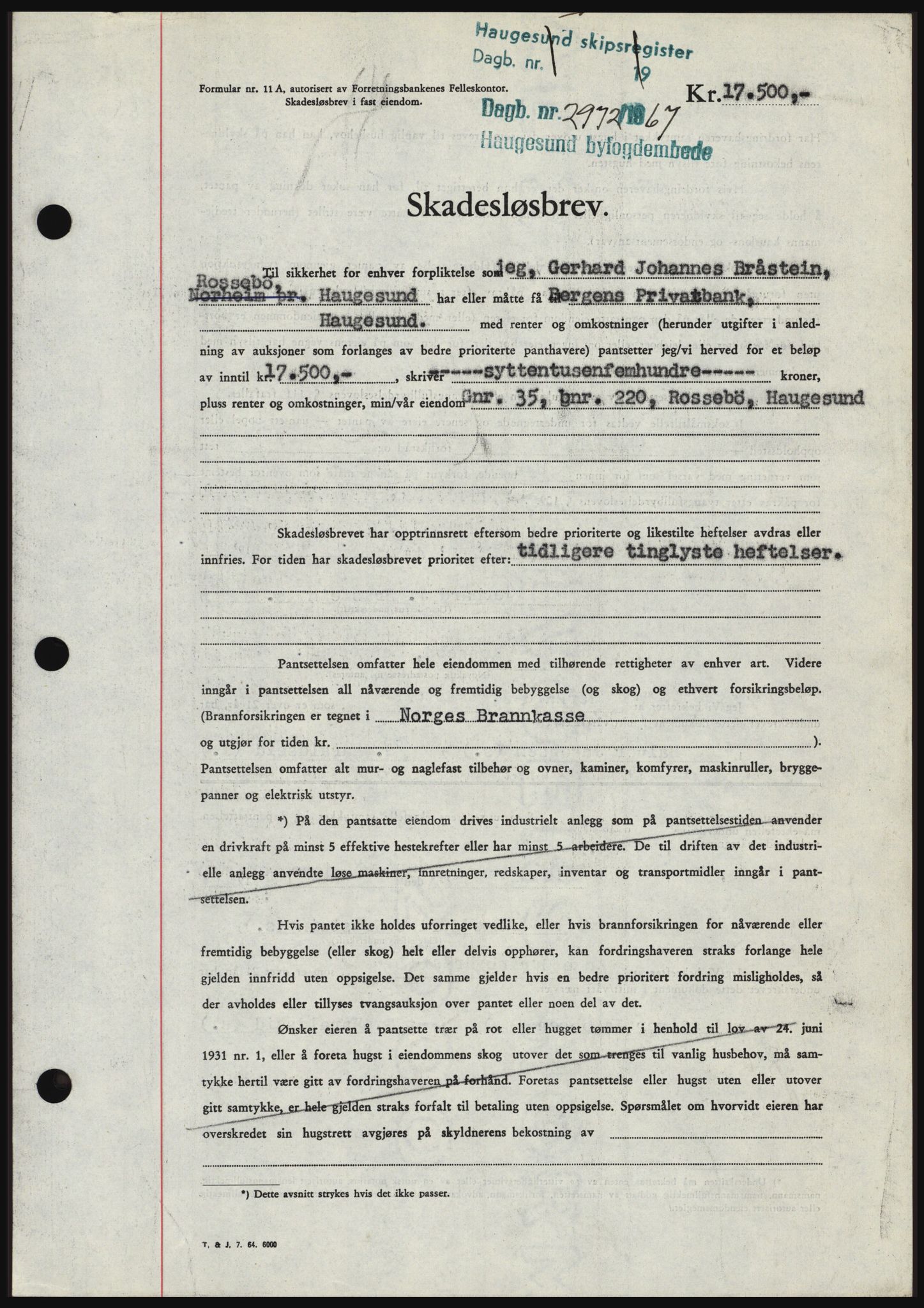 Haugesund tingrett, SAST/A-101415/01/II/IIC/L0058: Mortgage book no. B 58, 1967-1968, Diary no: : 2972/1967