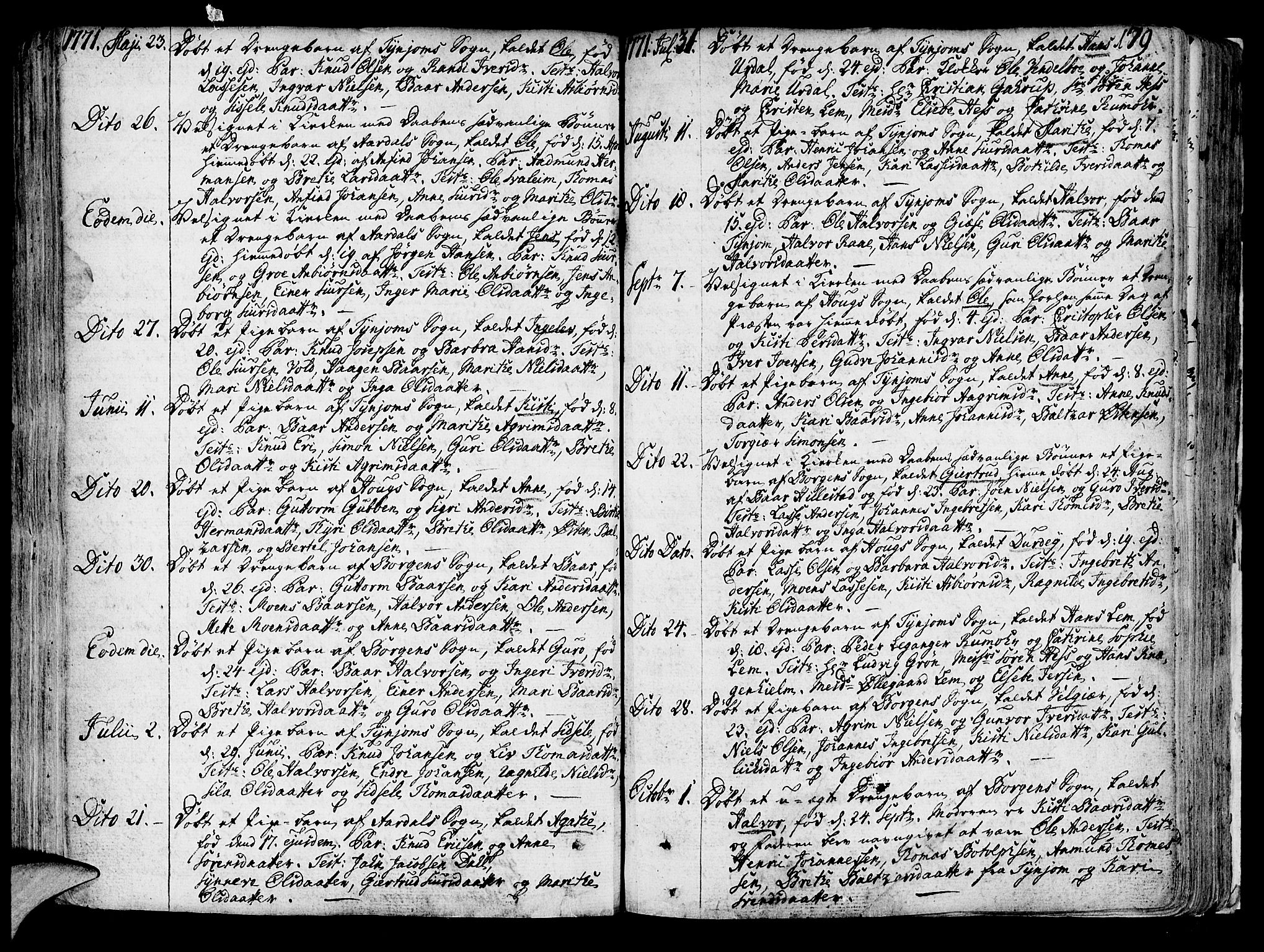 Lærdal sokneprestembete, SAB/A-81201: Parish register (official) no. A 2, 1752-1782, p. 179