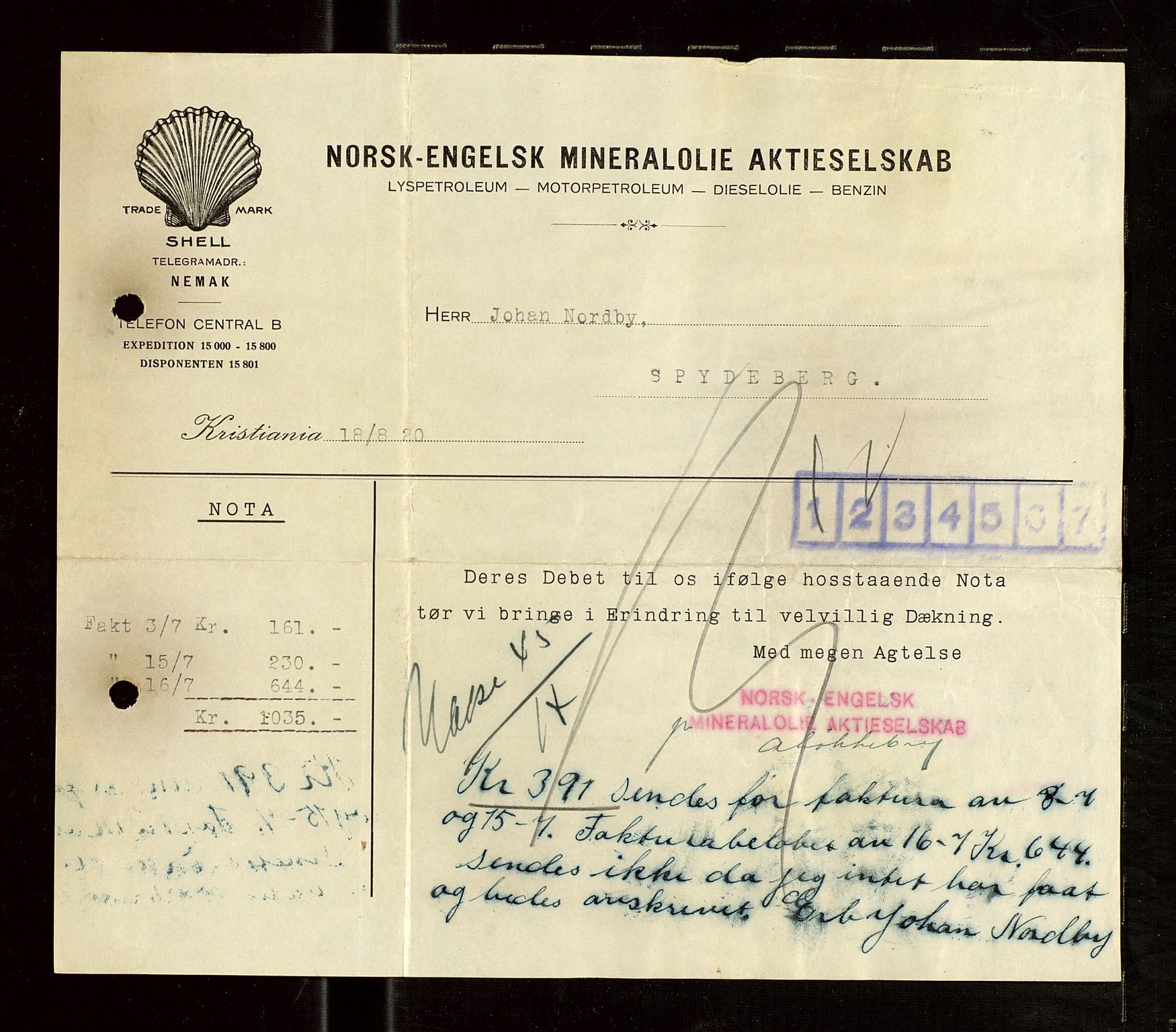 Pa 1521 - A/S Norske Shell, AV/SAST-A-101915/E/Ea/Eaa/L0009: Sjefskorrespondanse, 1920, p. 12