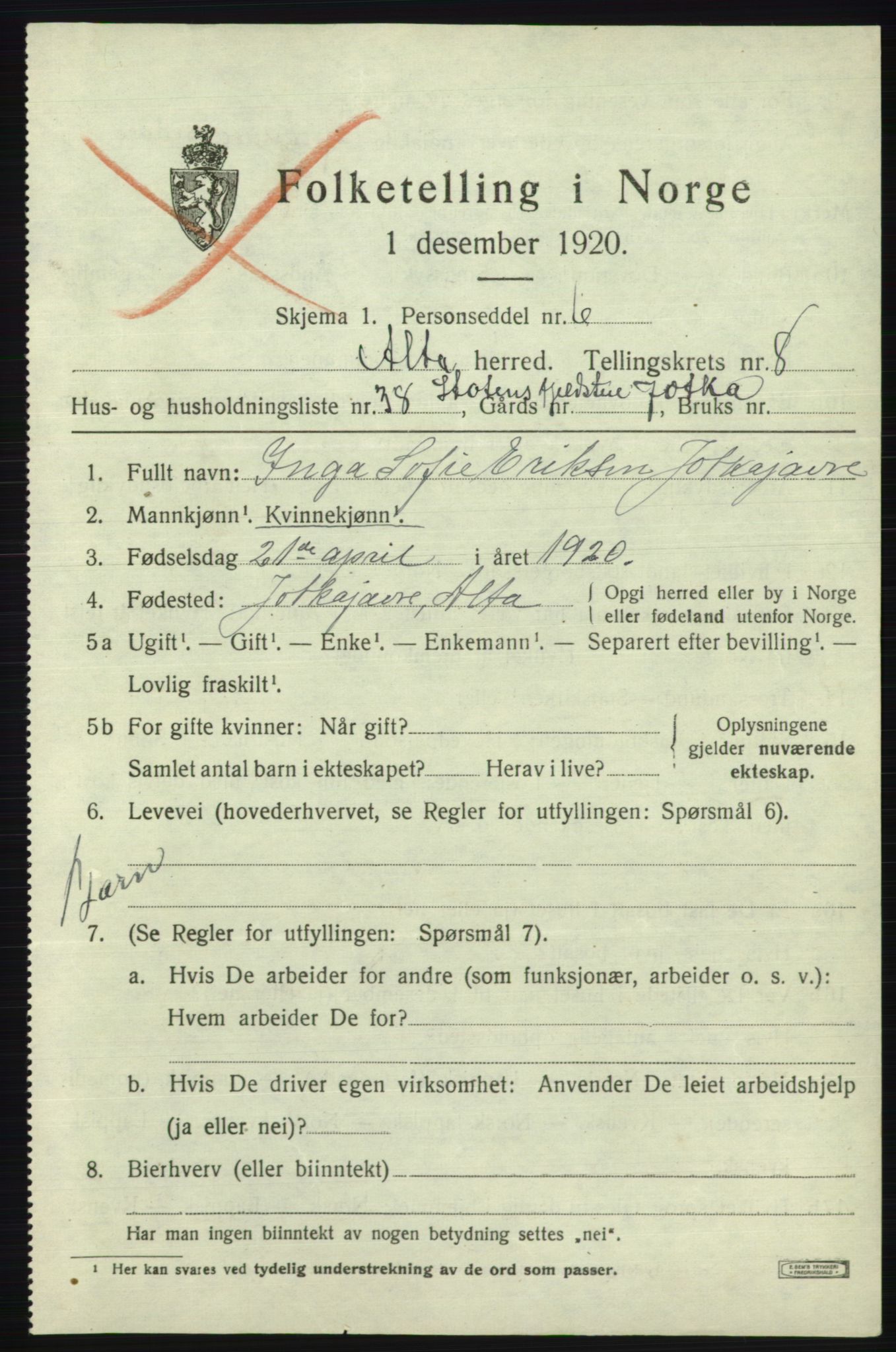 SATØ, 1920 census for Alta, 1920, p. 6587