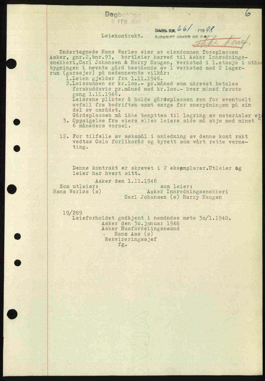 Asker og Bærum sorenskriveri, AV/SAO-A-10379a/G/Gb/Gba/L0001: Mortgage book no. A87, 1948-1948, Diary no: : 661/1948