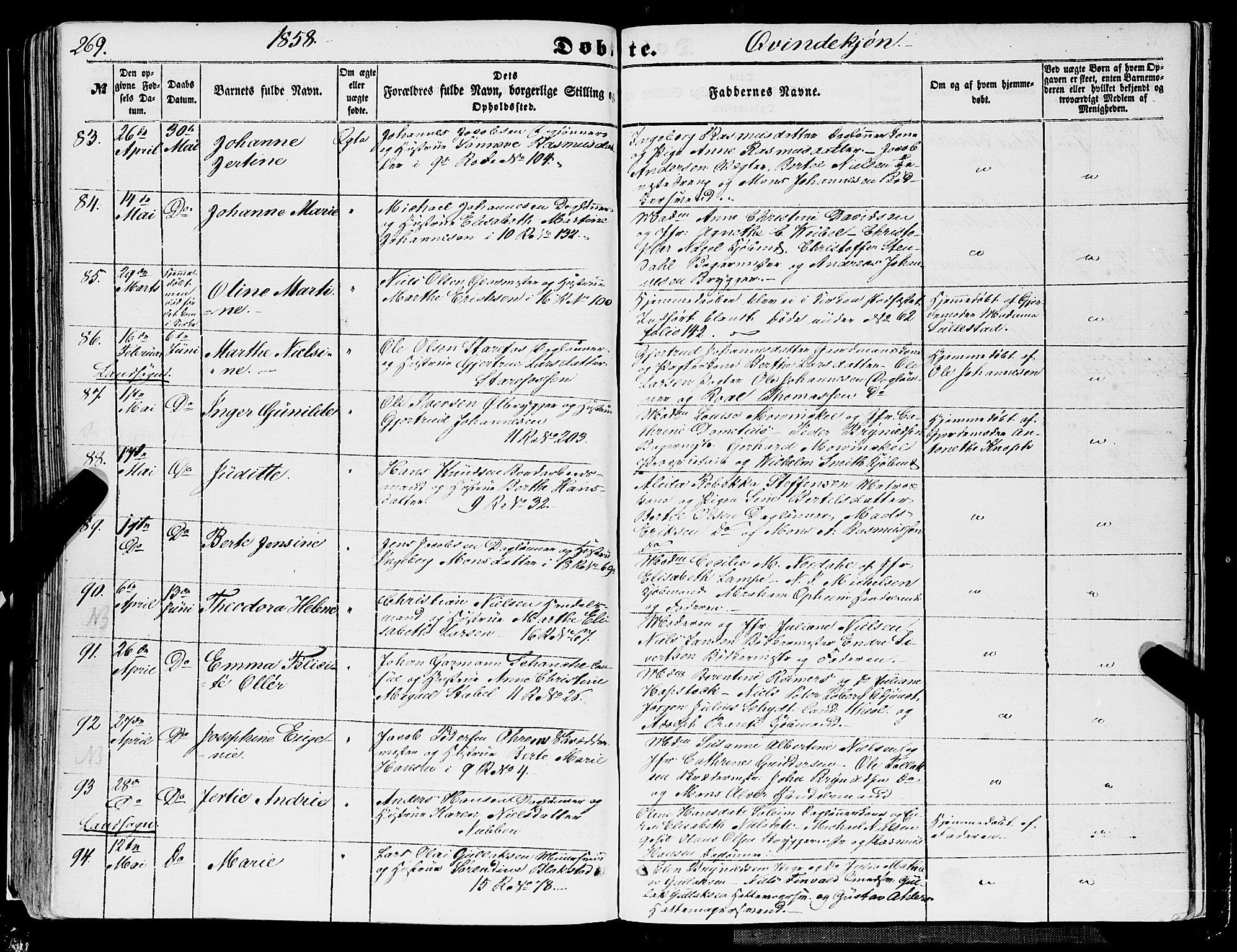 Domkirken sokneprestembete, SAB/A-74801/H/Haa/L0020: Parish register (official) no. B 3, 1851-1859, p. 269