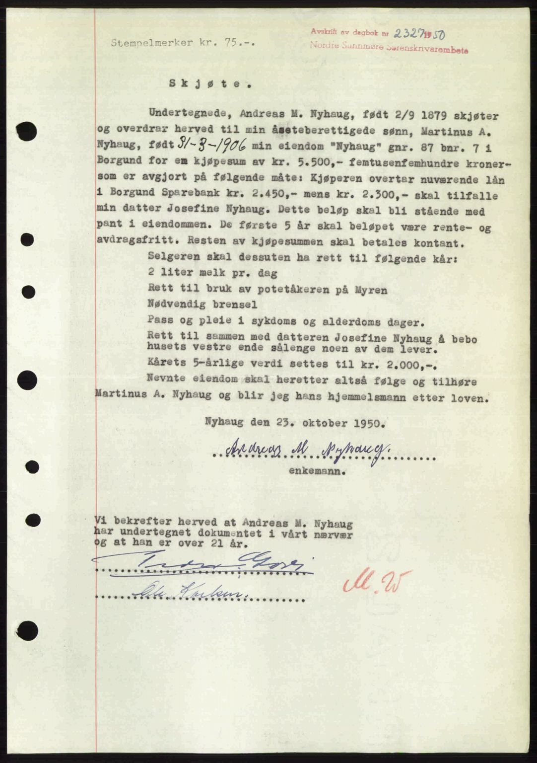 Nordre Sunnmøre sorenskriveri, SAT/A-0006/1/2/2C/2Ca: Mortgage book no. A36, 1950-1950, Diary no: : 2327/1950