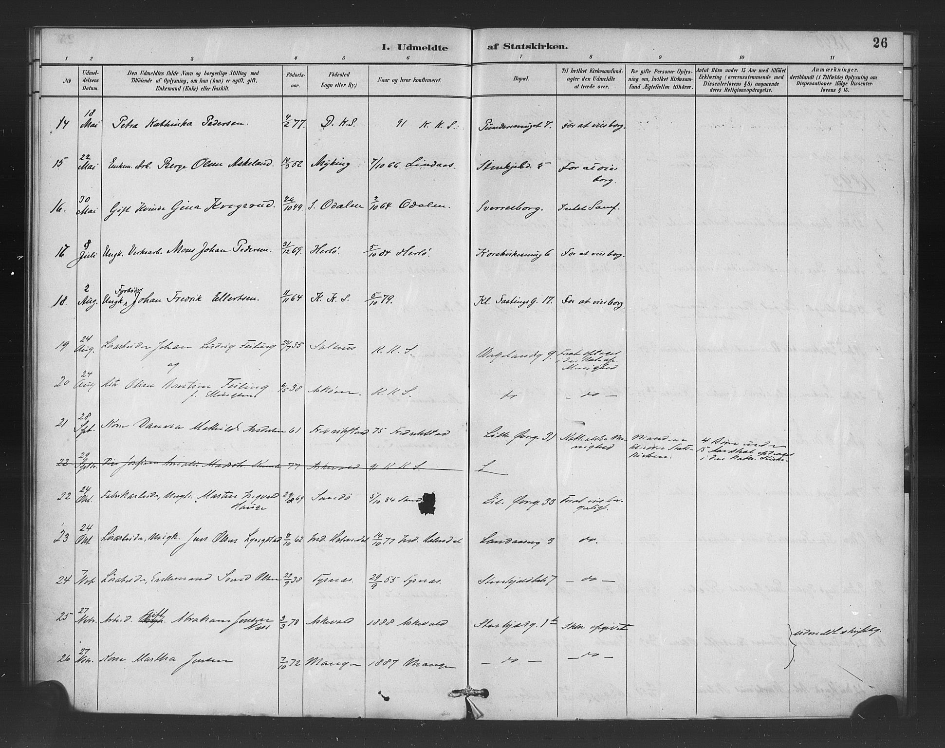 Korskirken sokneprestembete, AV/SAB-A-76101/H/Haa/L0052: Parish register (official) no. G 2, 1887-1899, p. 26