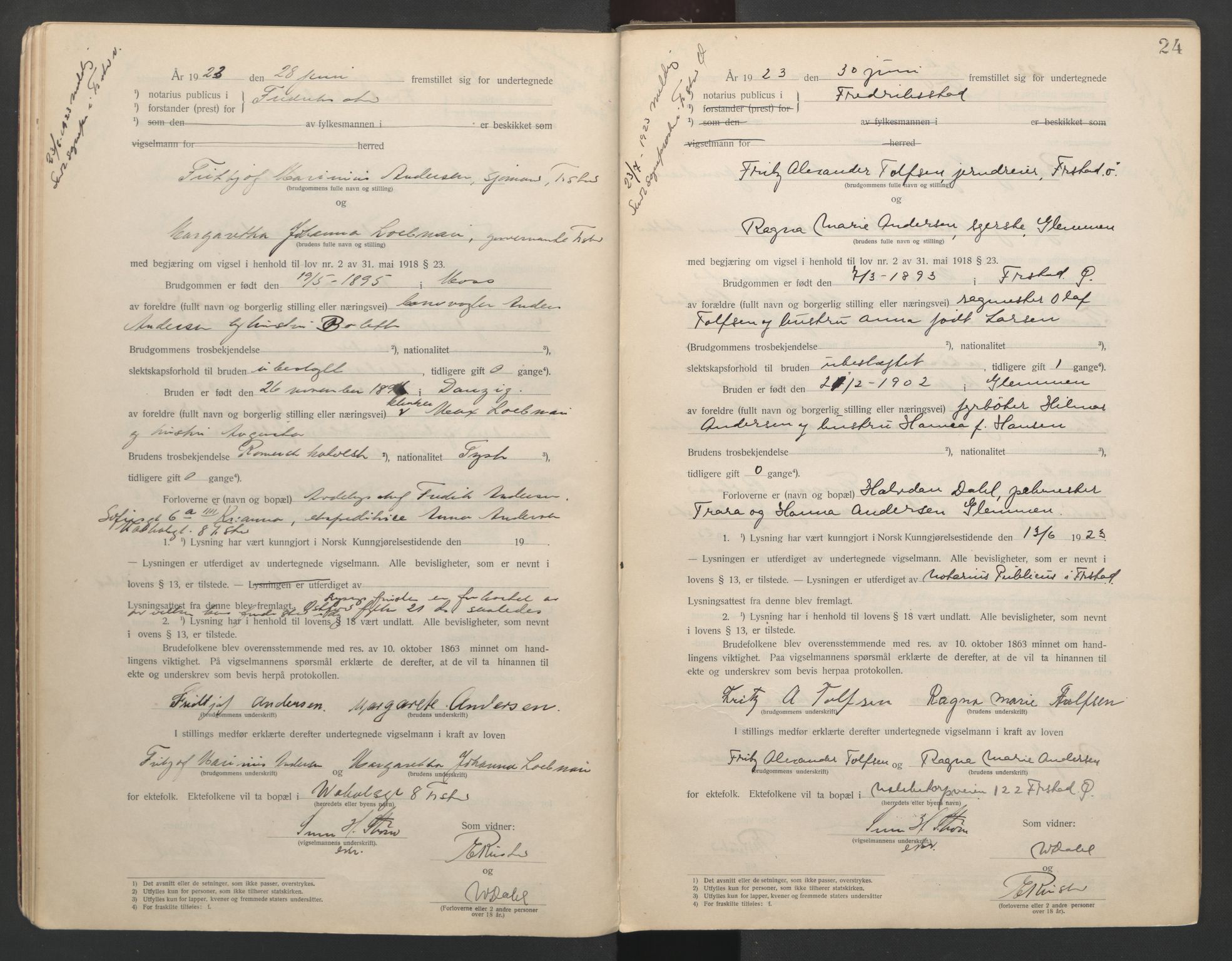 Fredrikstad byfogd, AV/SAO-A-10473a/L/Lc/L0001: Vigselsbok, 1920-1937, p. 24