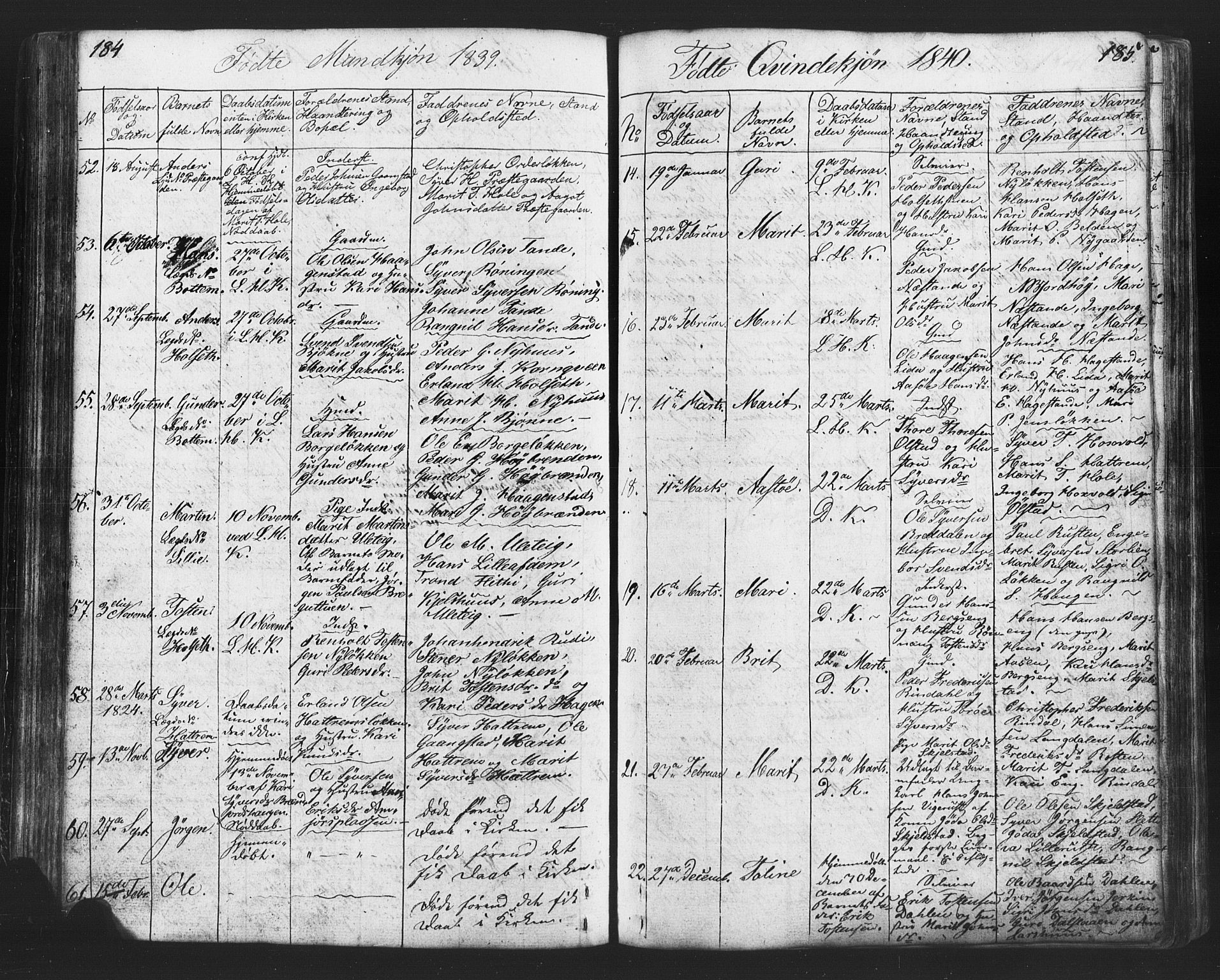 Lesja prestekontor, SAH/PREST-068/H/Ha/Hab/L0002: Parish register (copy) no. 2, 1832-1850, p. 184-185