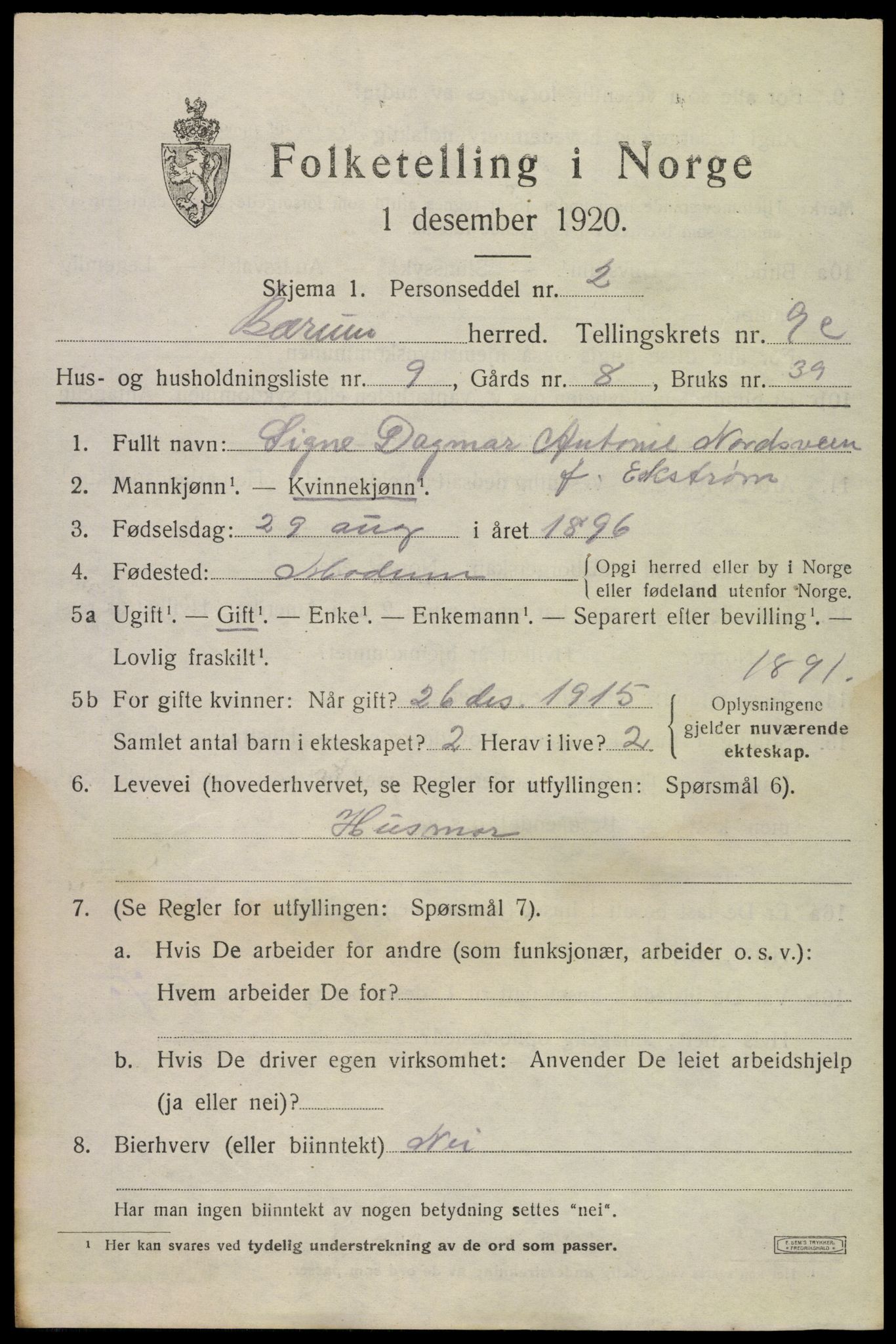 SAO, 1920 census for Bærum, 1920, p. 21996