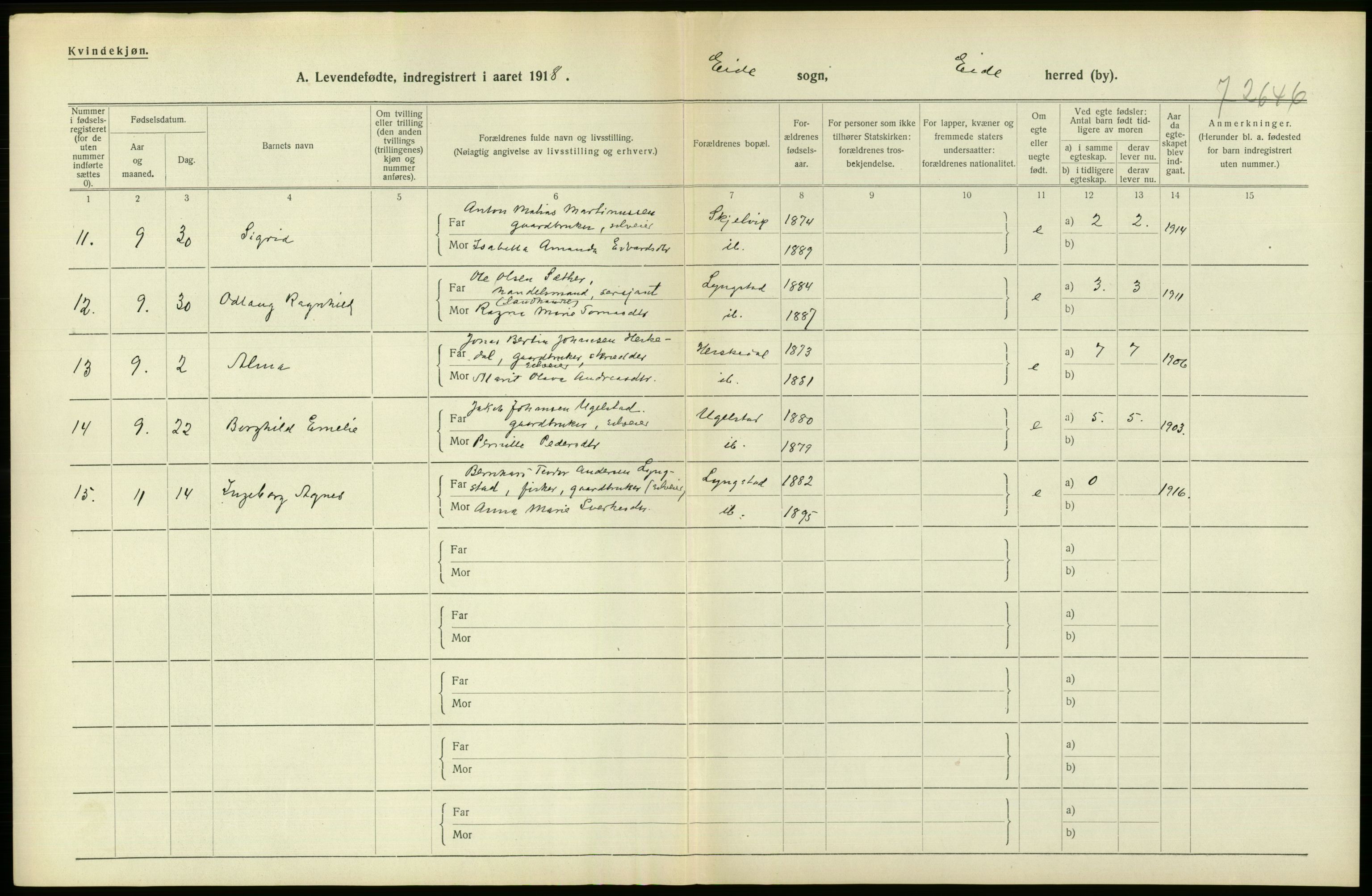 Statistisk sentralbyrå, Sosiodemografiske emner, Befolkning, RA/S-2228/D/Df/Dfb/Dfbh/L0043: Møre fylke: Levendefødte menn og kvinner. Bygder., 1918, p. 766