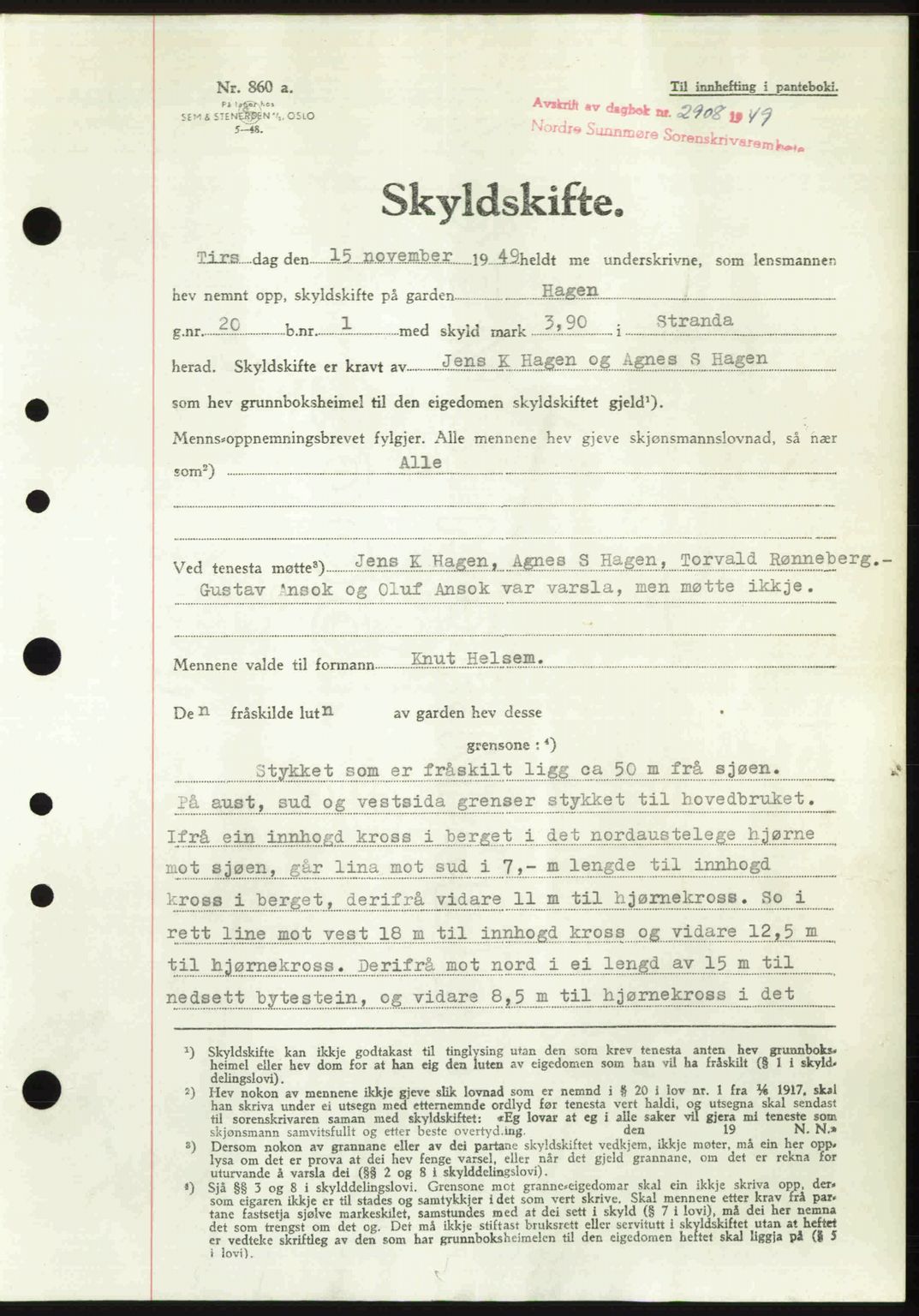 Nordre Sunnmøre sorenskriveri, AV/SAT-A-0006/1/2/2C/2Ca: Mortgage book no. A33, 1949-1950, Diary no: : 2908/1949