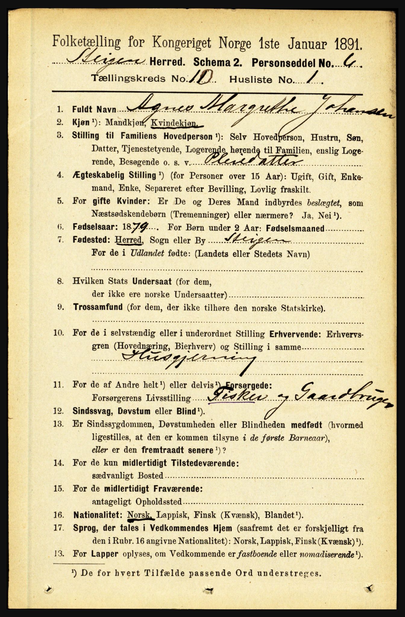 RA, 1891 census for 1848 Steigen, 1891, p. 3456