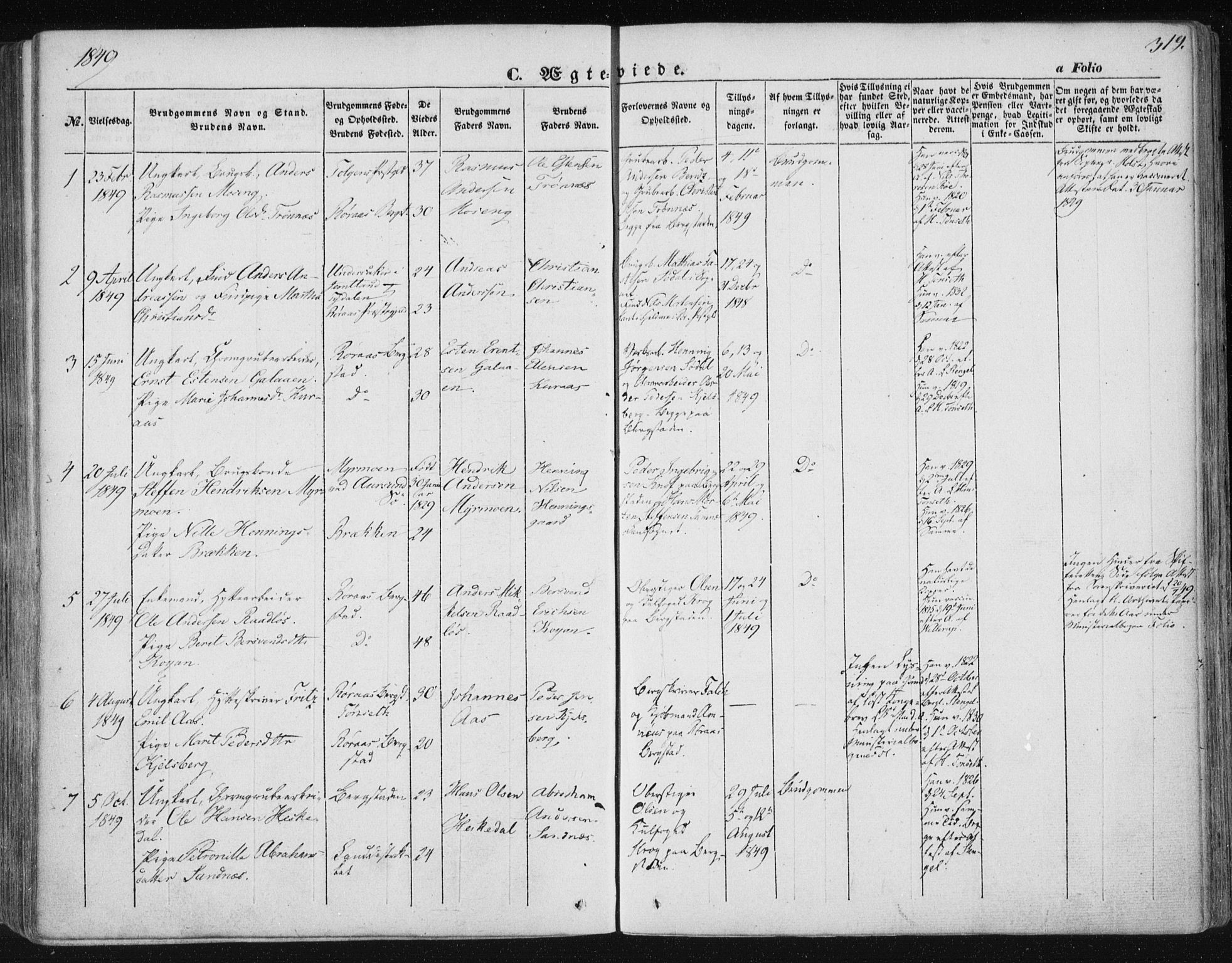 Ministerialprotokoller, klokkerbøker og fødselsregistre - Sør-Trøndelag, SAT/A-1456/681/L0931: Parish register (official) no. 681A09, 1845-1859, p. 319