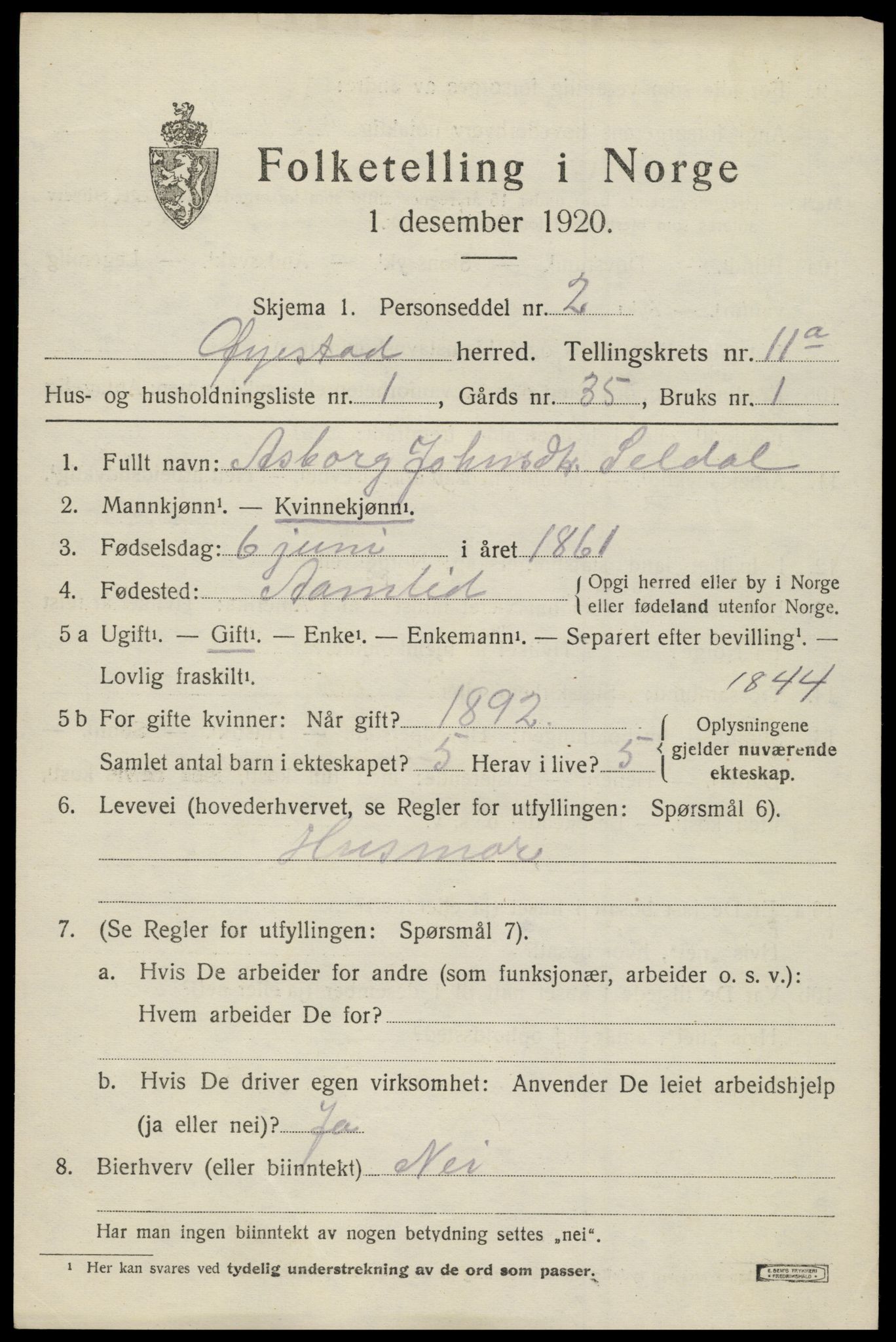 SAK, 1920 census for Øyestad, 1920, p. 6948