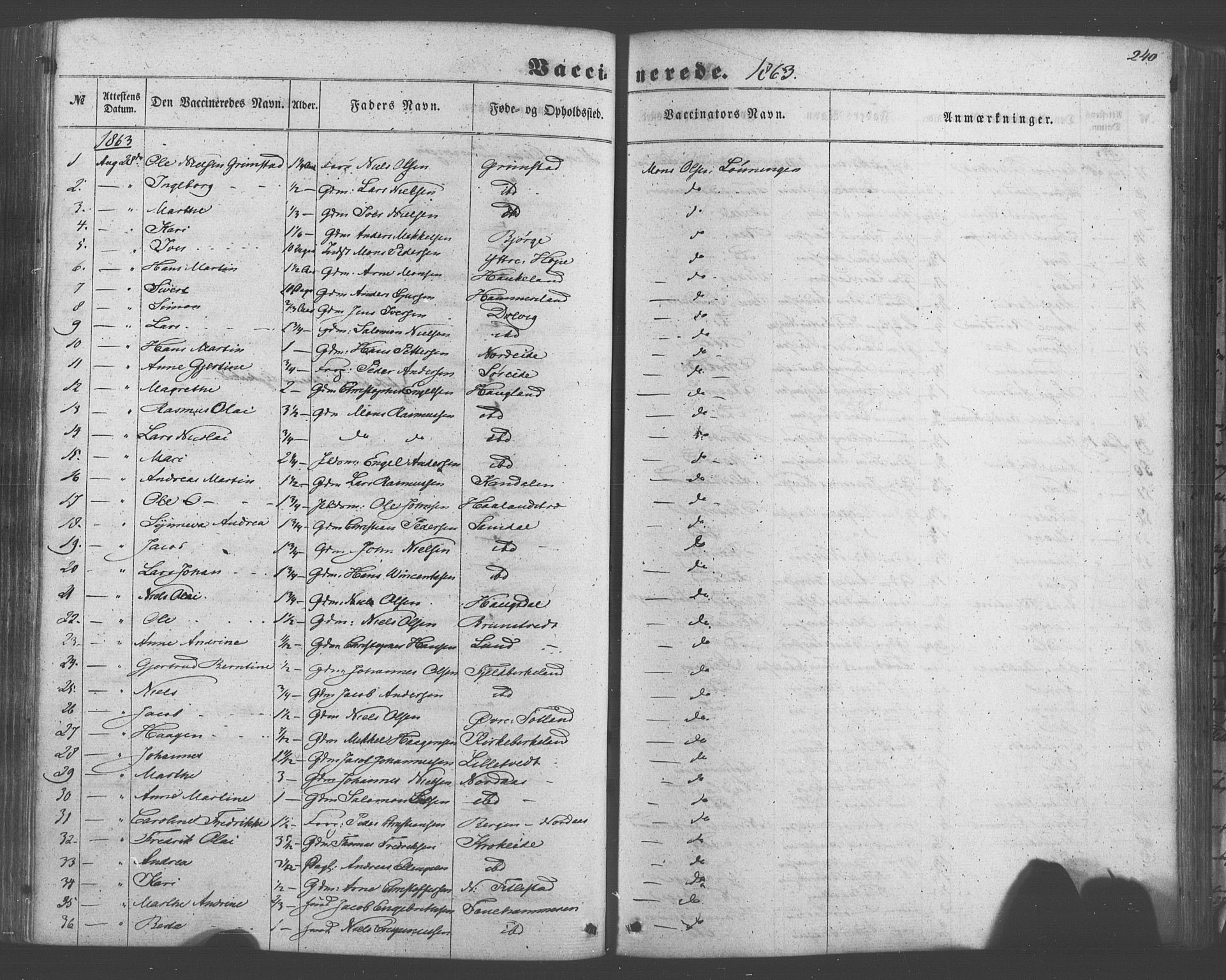 Fana Sokneprestembete, SAB/A-75101/H/Haa/Haaa/L0012: Parish register (official) no. A 12, 1862-1878, p. 240