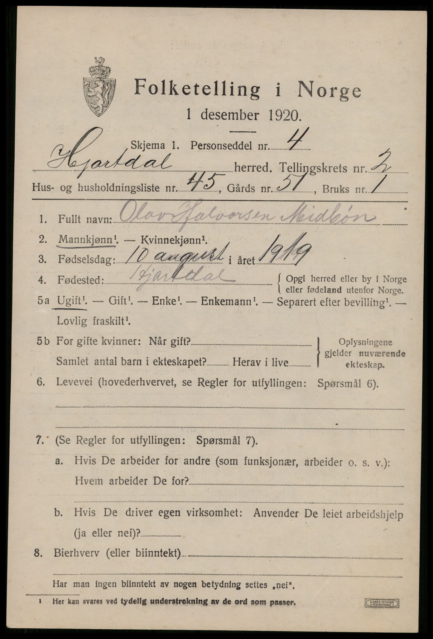 SAKO, 1920 census for Hjartdal, 1920, p. 2290