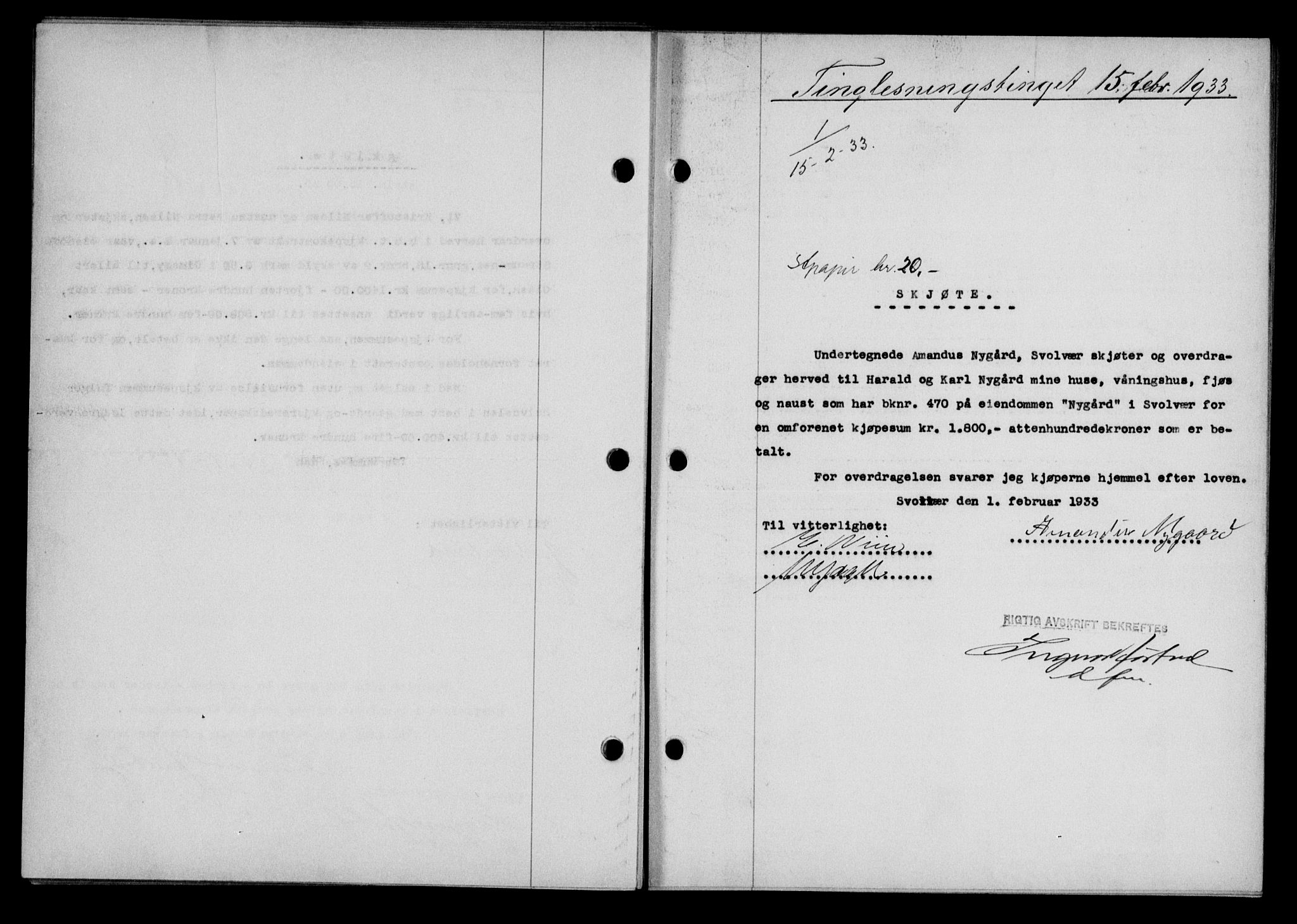 Lofoten sorenskriveri, SAT/A-0017/1/2/2C/L0027b: Mortgage book no. 27b, 1933-1933, Deed date: 15.02.1933