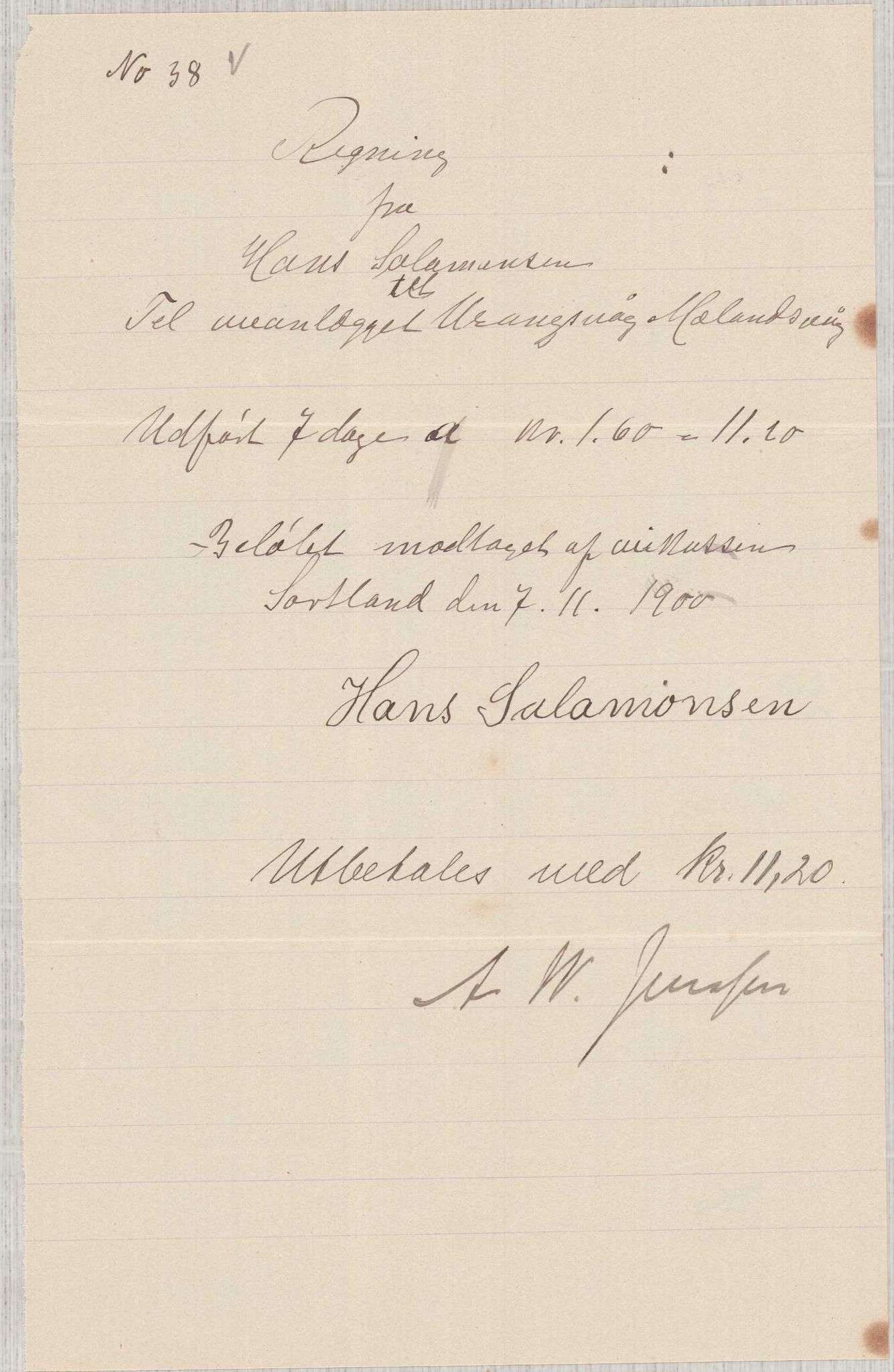 Finnaas kommune. Formannskapet, IKAH/1218a-021/E/Ea/L0002/0001: Rekneskap for veganlegg / Rekneskap for veganlegget Urangsvåg - Mælandsvåg, 1898-1900, p. 185